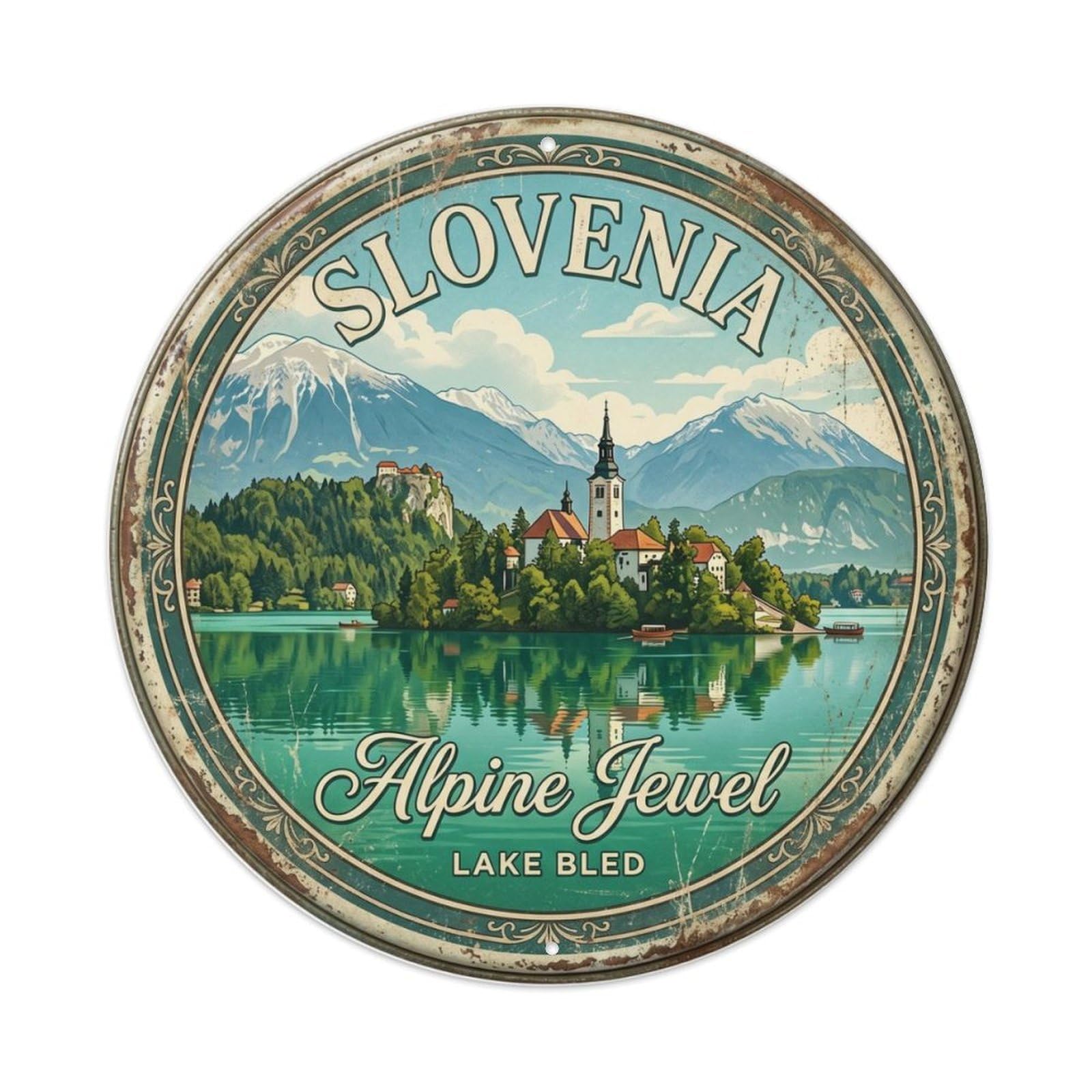 Vintage Travel Bled Alpine Lake Metal Tin Sign Plaque Wall Decor for Cafe, Club, Garden Round Metal Poster 8x8Inch