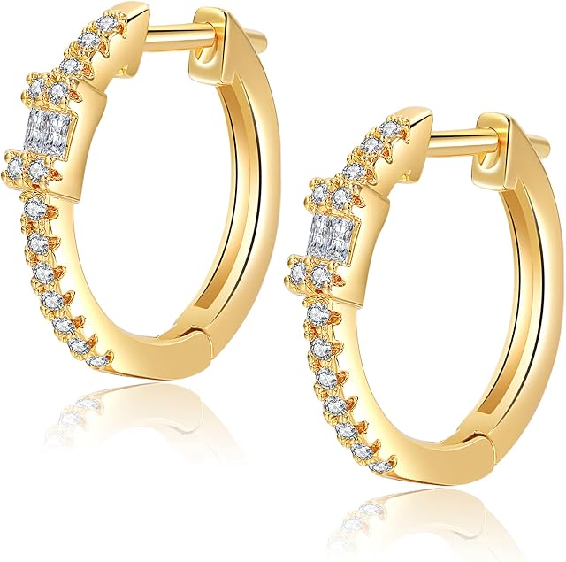 Small Hoop Earrings for Women Cubic Zirconia CZ 14K Gold Plated Crystal Hinged Huggie Earrings Hypoallergenic Jewellery Gifts