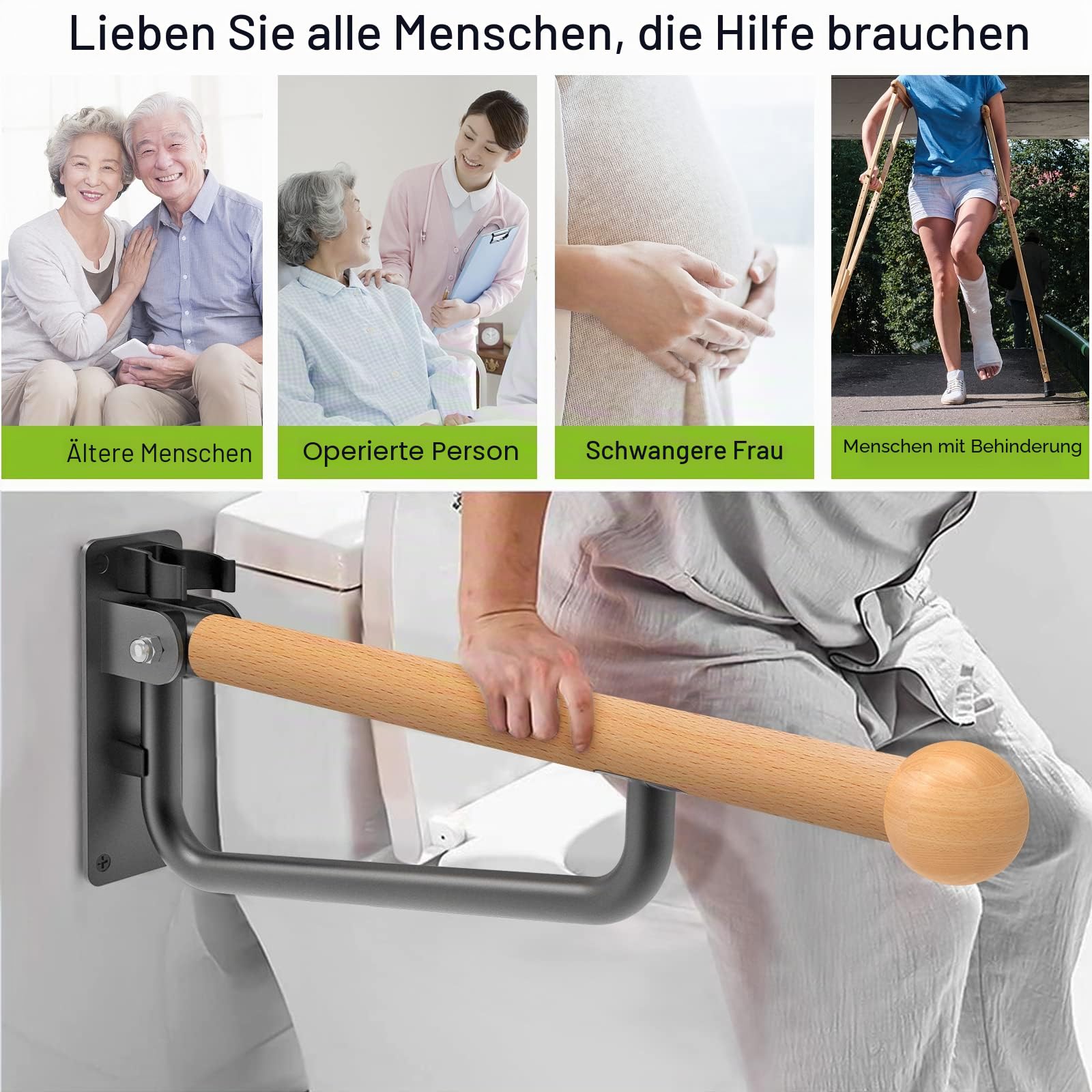 Dolibest Haltegriffe Toiletten Klappbar Senioren Behinderte WC Aufstehhilfe | 61cm,90 Klappbar,Badezimmer Pflegeheim Hotel,Φ1.6cm Buche,Metallhalter,Komplettes Set,159kg,Schraube Dübel