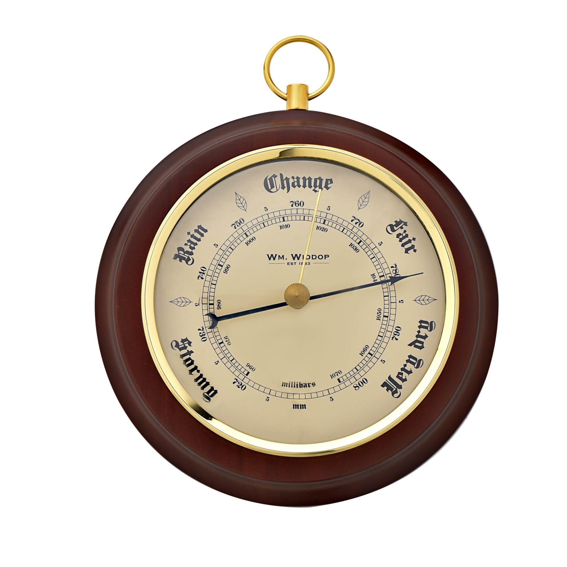 William Widdop Wooden Barometer with Gold Metal Bezel, Traditional Weather Dial, Dark Wood Finish