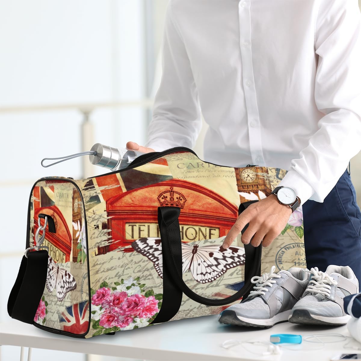 Vintage Paris Butterfly Clock Tower Travel Duffel Bag for Women Men Large Capacity Overnight Weekender Bags for Lightweight Waterproof Sport Gym Bag for Workout Yoga Swim