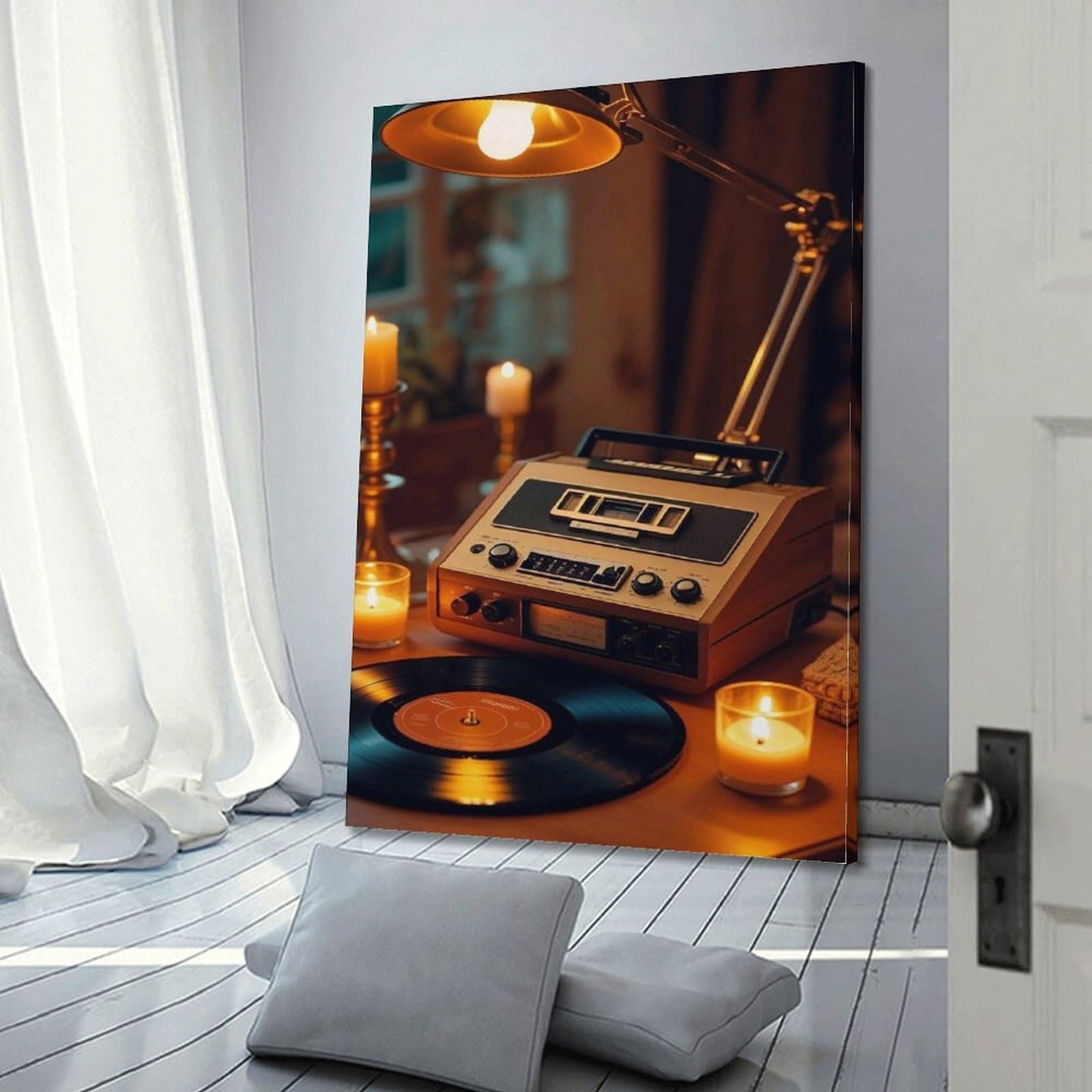 Radio w stylu vintage z płytą winylową i świecami sztuka ścienna, przytulna muzyka retro dekoracja do domu i salonu plakat dekoracyjny obraz płótno plakaty ścienne i artystyczny obraz druk nowoczesny