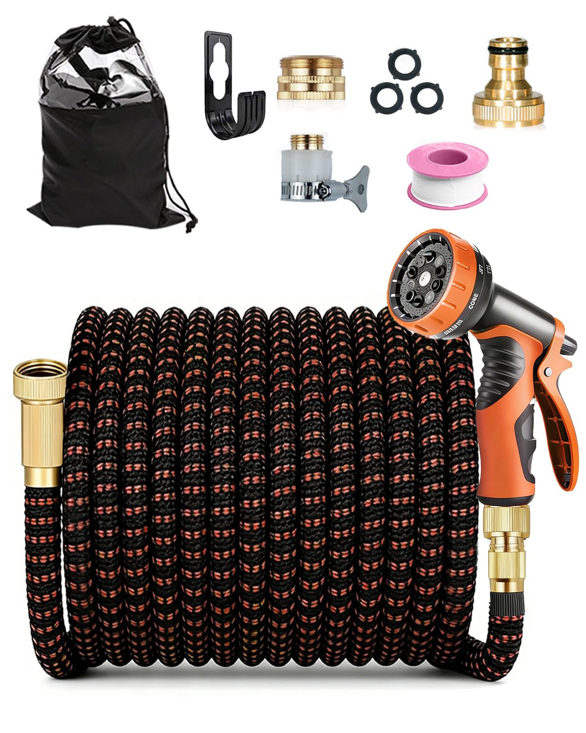 100FT Expandable Garden Hose, Flexible Water Hose Pipe with 1/2" & 3/4" Connectors, 10 Spray Patterns Nozzle, 4-Layer Latex Core, for Car Wash, Outdoor Cleaning & Garden Watering, Orange & Black