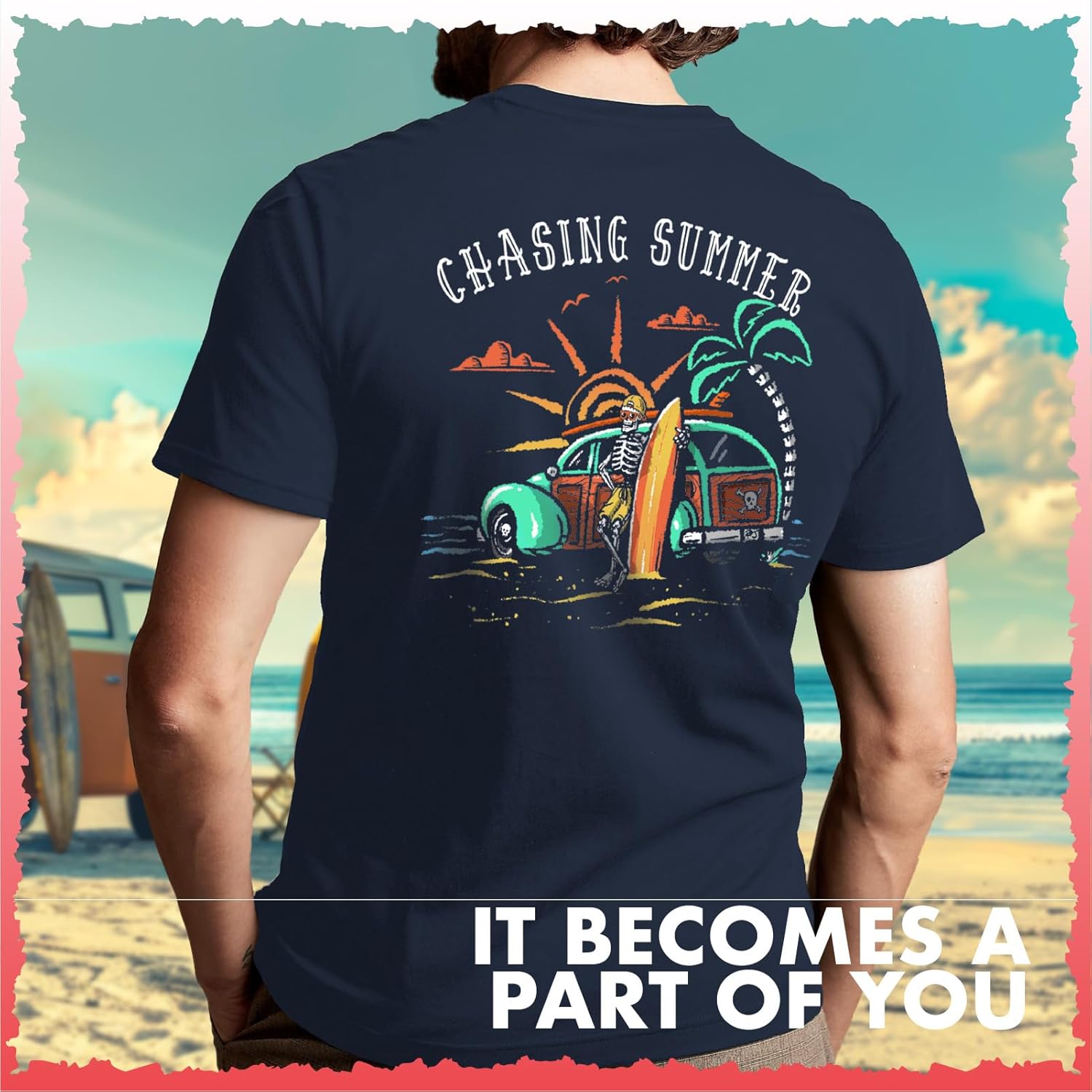 Salty Bones Chasing Summer Woody Car Sunset Surfer Beach Graphic T-Shirt, 100% Ringspun Cotton, Classic Fit, Printed in USA - Image 6