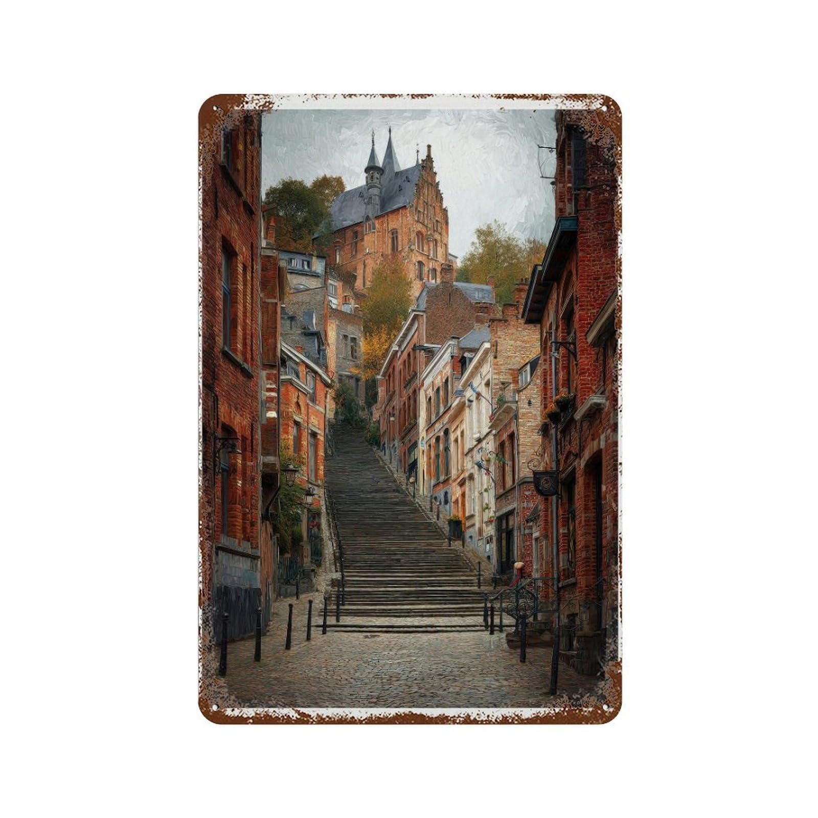 xiaoxiaoshen Liège Belgium Watercolor Travel – Historic Stairway Old Town Wall Decor Art Metal Tin Poster Modern Home Decor Art Home Bar Shop Decorations Vintage Sign 30x20cm