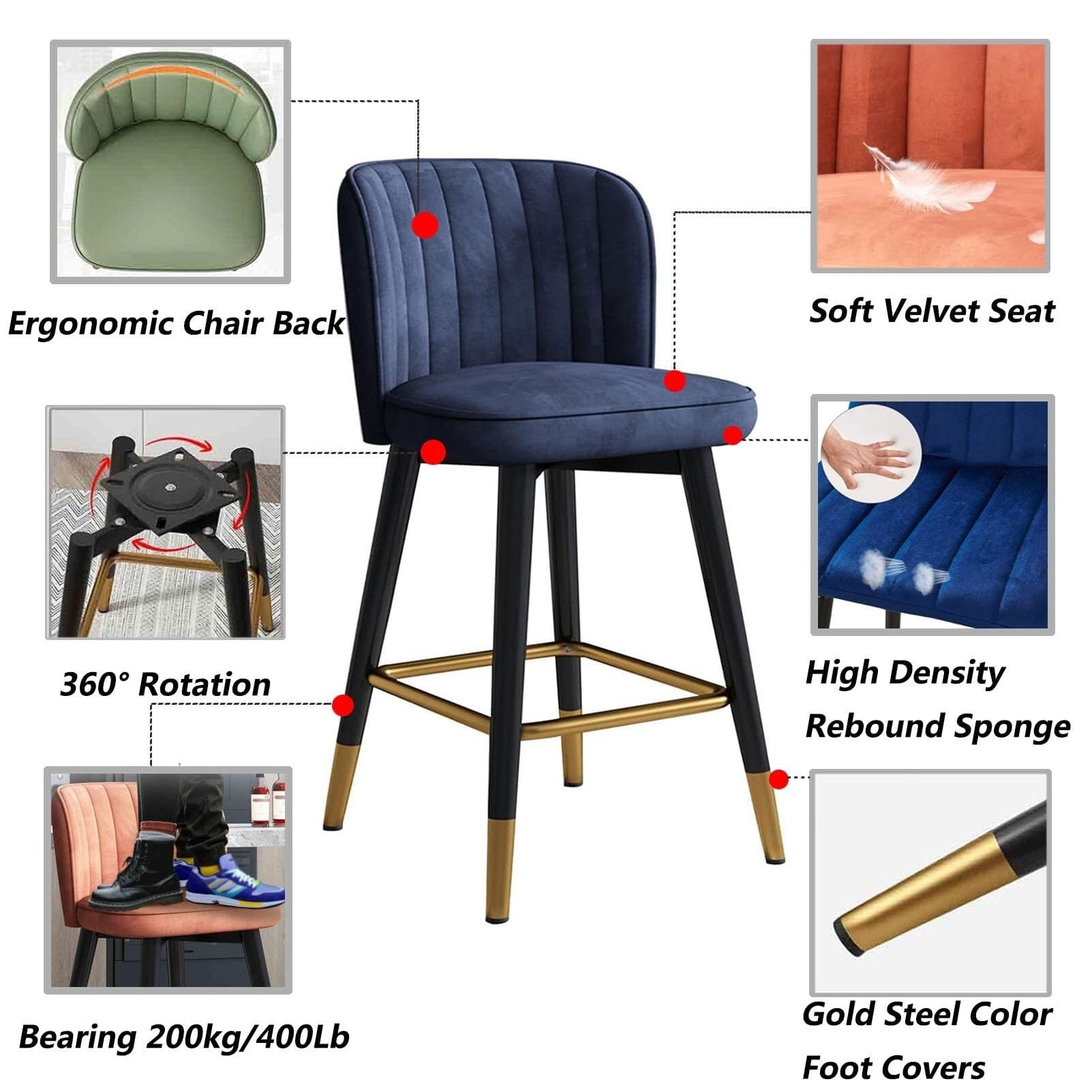 Set Di 2 Sgabelli Da Bar Girevoli EALSON In Velluto Blu Navy – Altezza Regolabile Con Schienale E Base Oro - 3