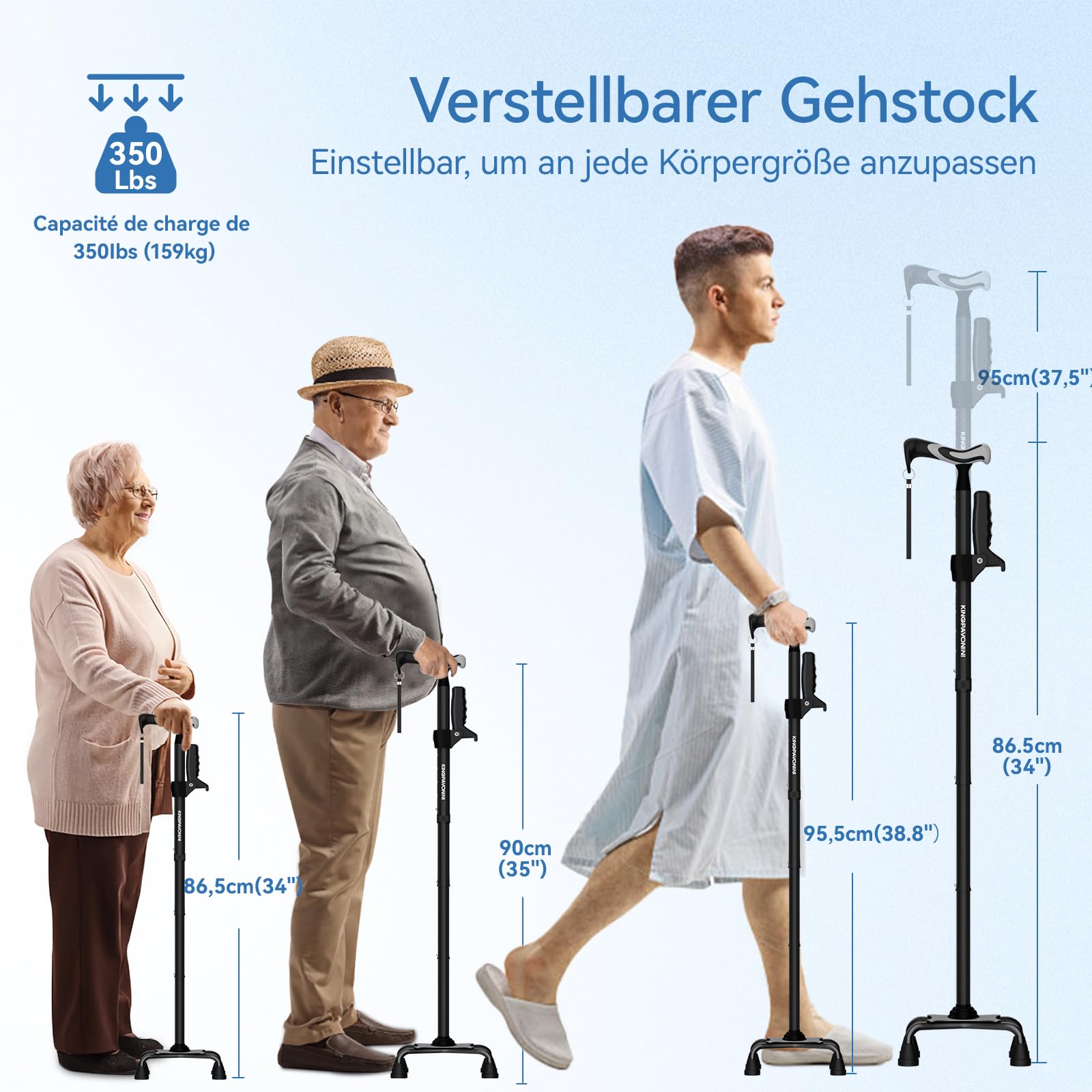 KingPavonini Gehstock für Damen und Herren mit zweitem Griff, faltbar und Verstellbarer Quad-Stock mit 4-Zacken-Basis zum Stehen, Gehstock klappbar für Senioren und Erwachsene