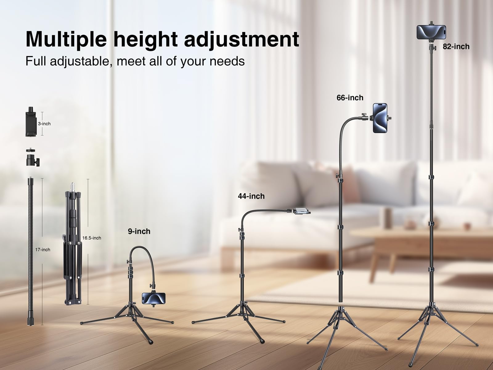PEYOU 176cm Trepied Smartphone, Trépied Rétractable en Aluminium pour Téléphone Perche a Selfie