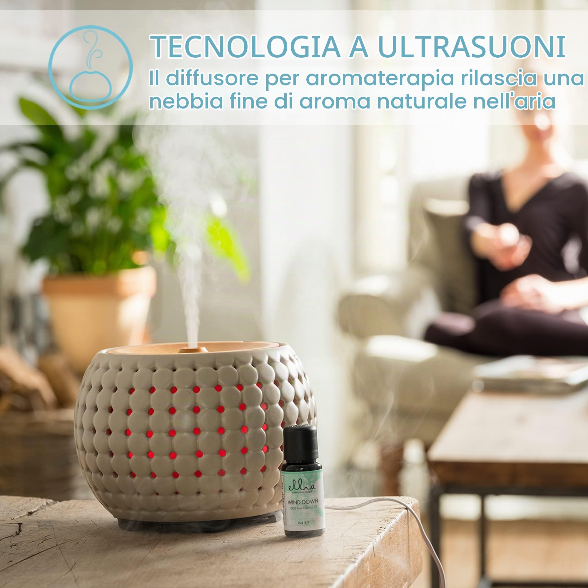 Homedics Ellia, Diffusore di Aromi e Oli Essenziali ad Ultrasuoni, Profumatore per Ambienti in Ceramica e Legno, Umidificatore Ambiente, Diffusore Ambiente con Luci Ambientali, Crema