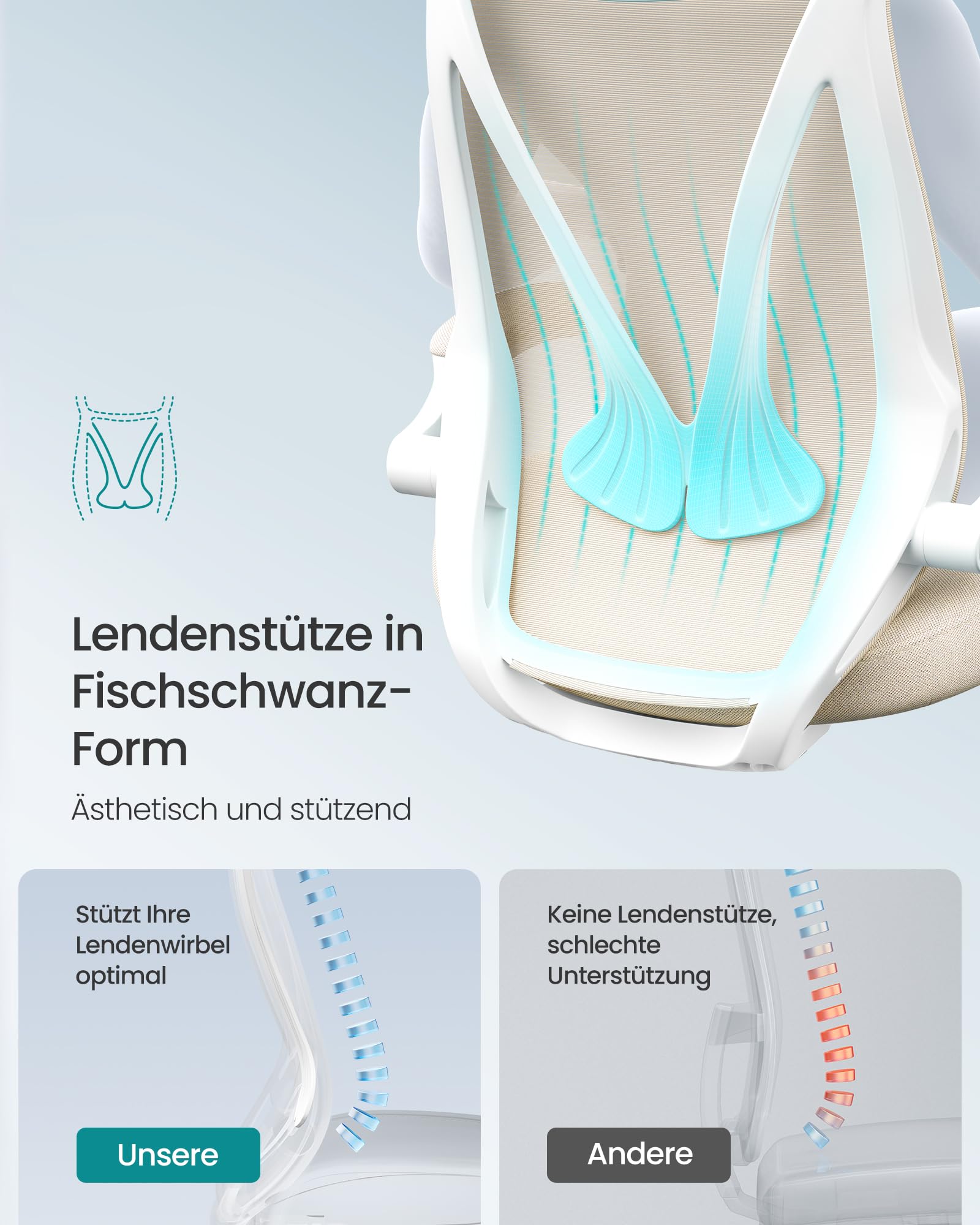 SONGMICS Bürostuhl, Schreibtischstuhl, ergonomische Rückenlehne, höhenverstellbar, hochklappbare Armlehnen, Drehstuhl mit Kopfstütze, bis 150 kg belastbar, cappuccinobeige OBN088K01