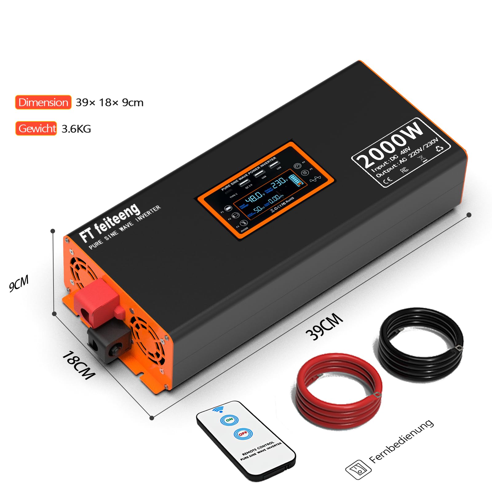 48V 2000W Wechselrichter 48V auf 230V Reine Sinuswelle -Spannungswandler mit LCD Display 2 EU-Steckdosen und 4 USB Typ-C Port、Konverter Fernbedienung für Wohnmobil AutoCamping