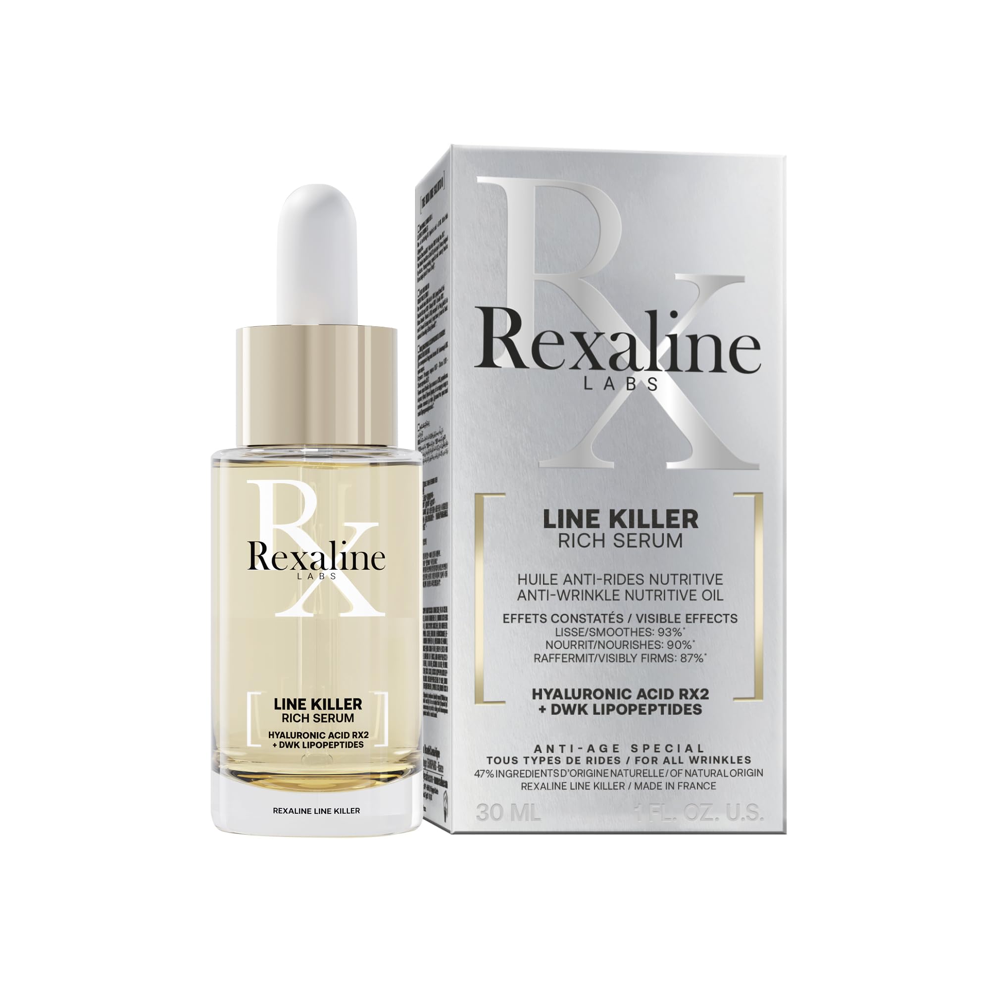 Rexaline Line Killer Rich Sérum – Huile Anti-Rides Régénérante Peaux Matures – Acide Hyaluronique RX2 & Lipopeptides DWK – Nourrit, Raffermit, Lisse – 30ml