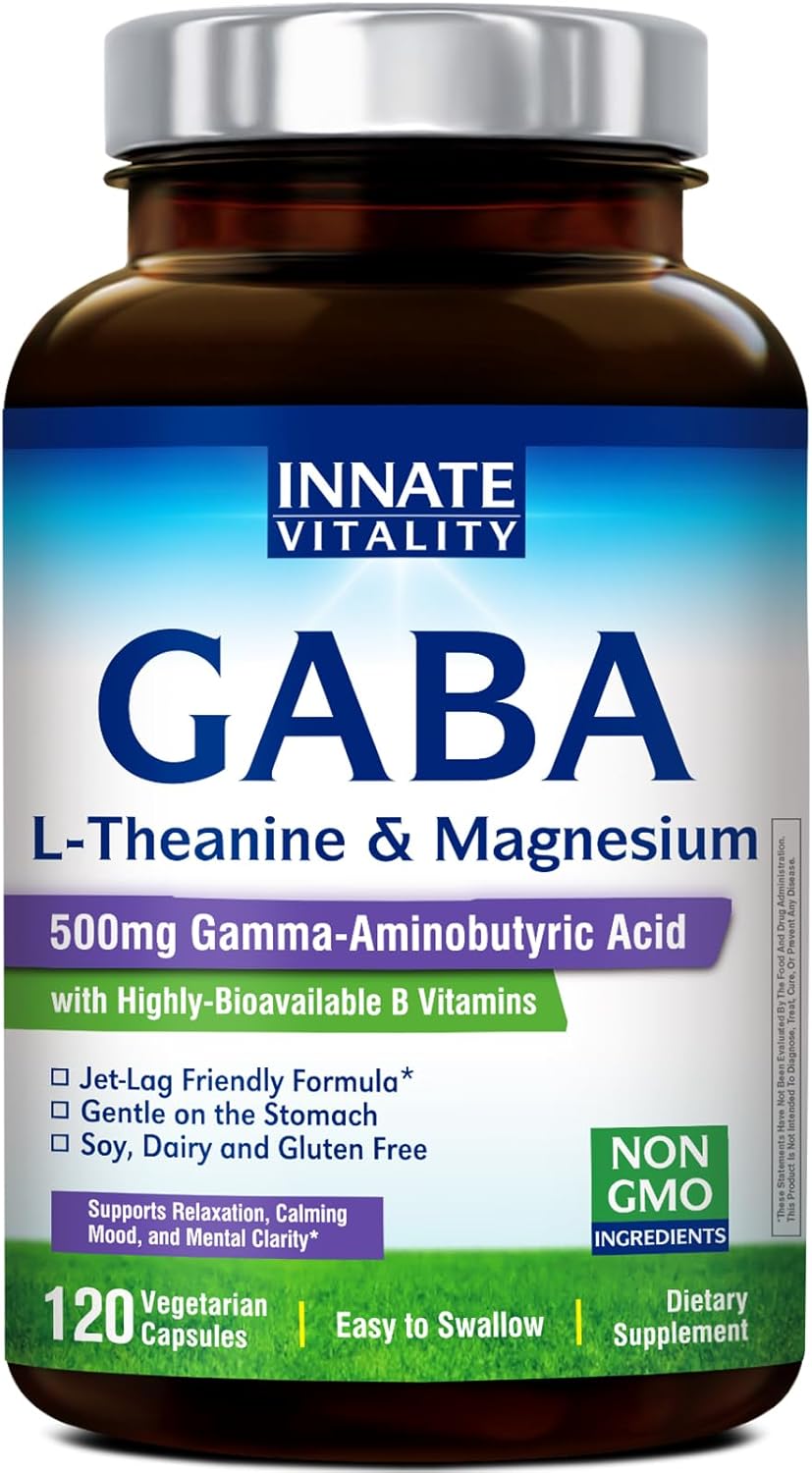 Innate Vitality GABA Supplements, L-Theanine, Magnesium Glycinate, B Complex, Vitamin B6, Vegan, Non-GMO, for Calm, Focus, Relaxation, 120 Capsules