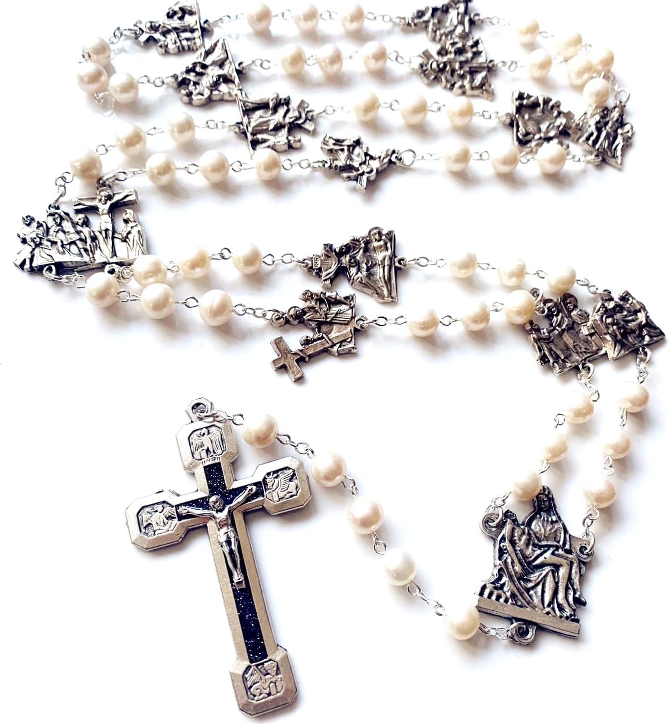 elegantmedical Stations of the Cross Prayer Rosary Real White Pearl Beads Necklace Catholic Gifts Box