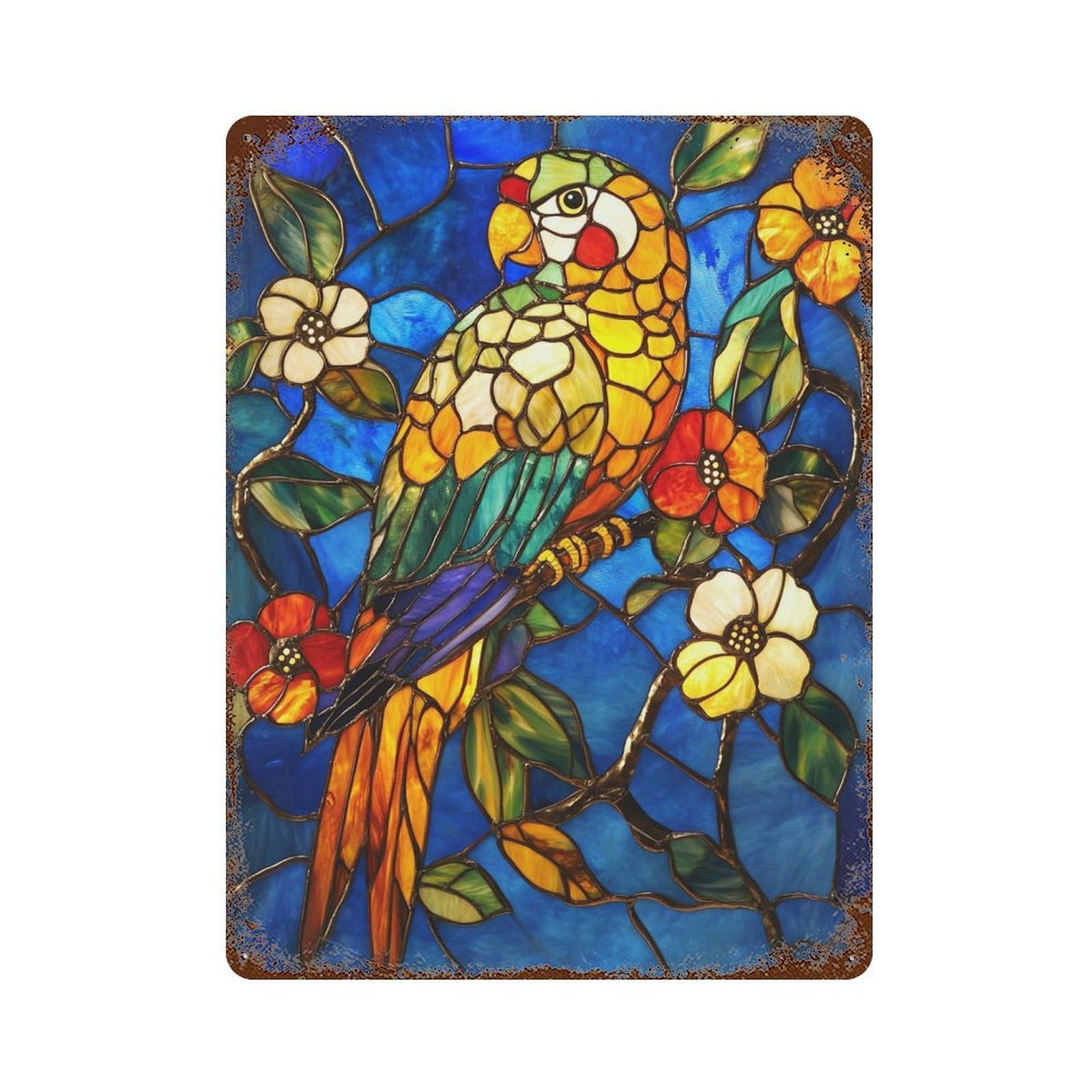 Stained Glass Parrot Wall Art Vintage Rust Metal Sign 15.7"x11.8", Shabby Chic Decor for Living Room, Hallway And Home Decor