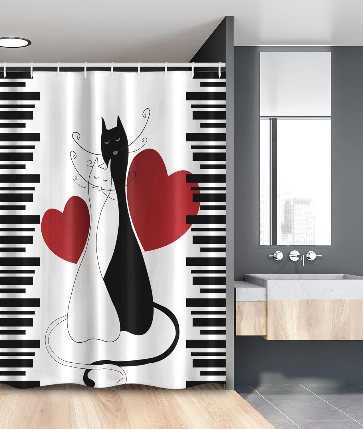 Ambesonne Cats Stall Shower Curtain, Romantic Kittens Pets Couple 2 Tails Hearts and Black Stripes Animals in Love, Fabric Bathroom Decor Set with Hooks, 54" W x 78" L, White Black Red