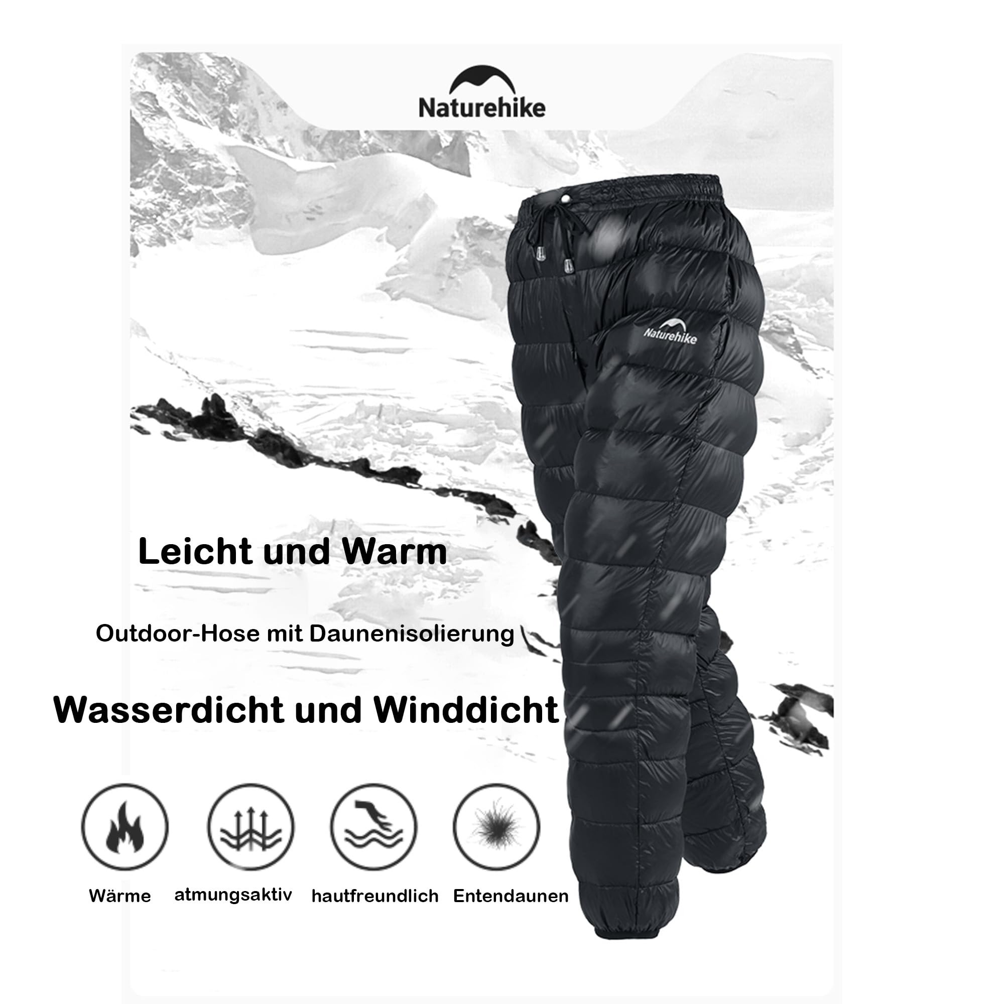 Naturehike Ultraleichte Daunenhose, Gefüllt 90% 750 FPweißer Entenflaum, Geruchs- und fremdstofffrei,Wasserdicht und Winddicht Schneehose, Thermohose Winter für Camping, Bergsteigen