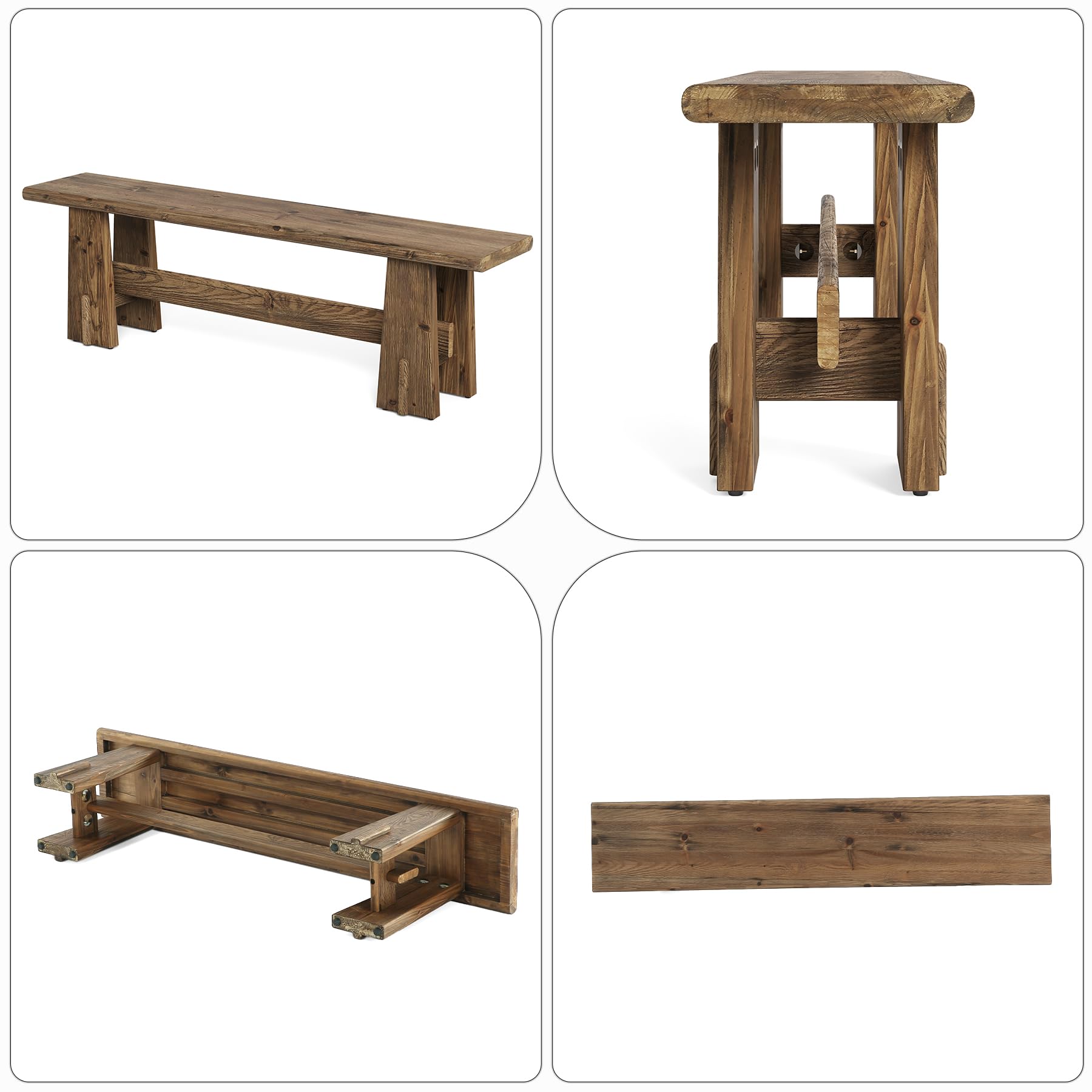 LITTLE TREE 59" Solid Wood Bench, Farmhouse Entryway Bench, Long Retro Bench for End of Bed, Dining Room, Entryway, Hallway, Living Room, Bedroom, Kitchen, Sturdy Frame Design, Rustic Brown