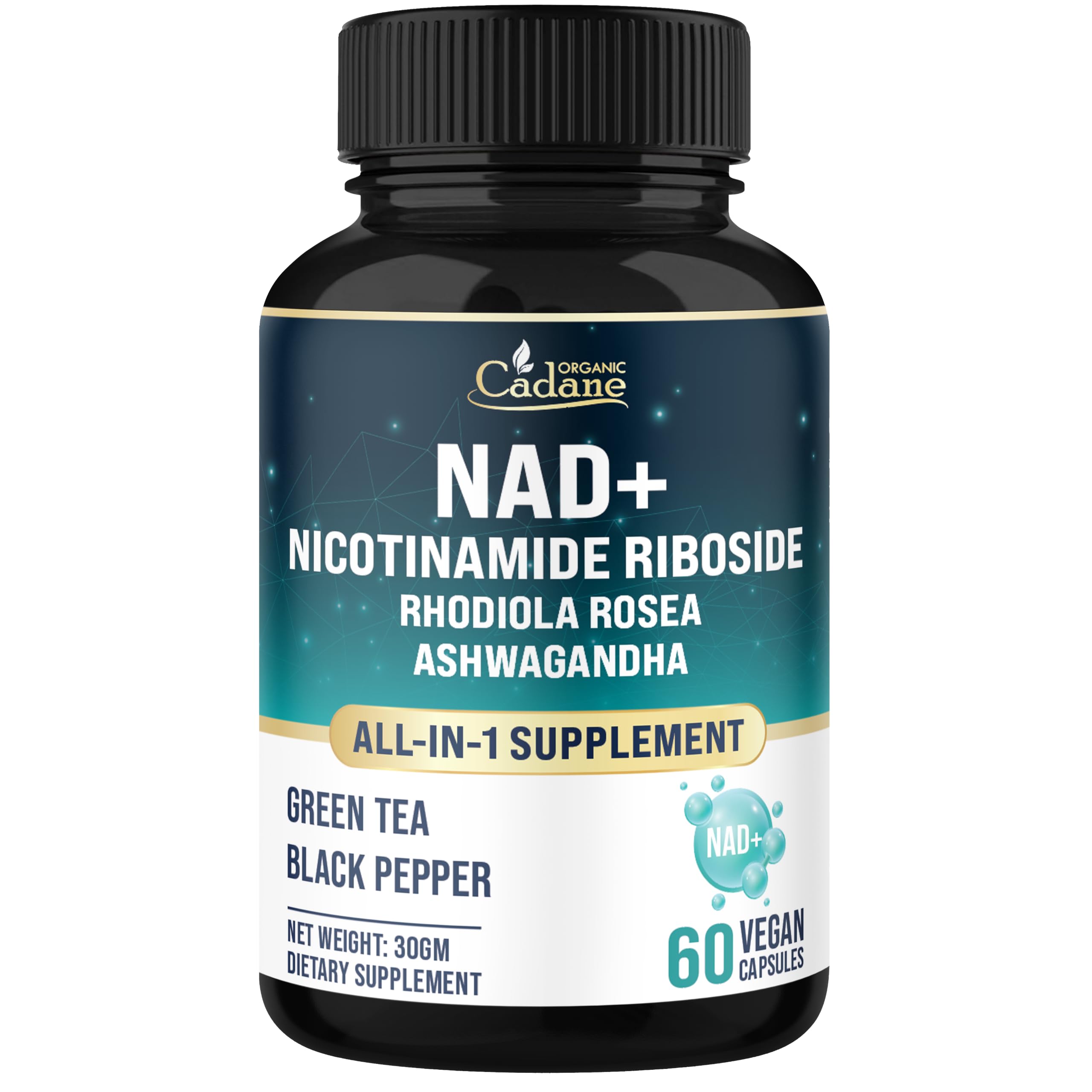 Organic Cadane Nicotinamide Riboside Supplement | with Rhodiola Rosea, Ashwagandha, Green Tea & More | Cellular Health & Vitality Support | Vegan, Non-GMO – 60 Capsules