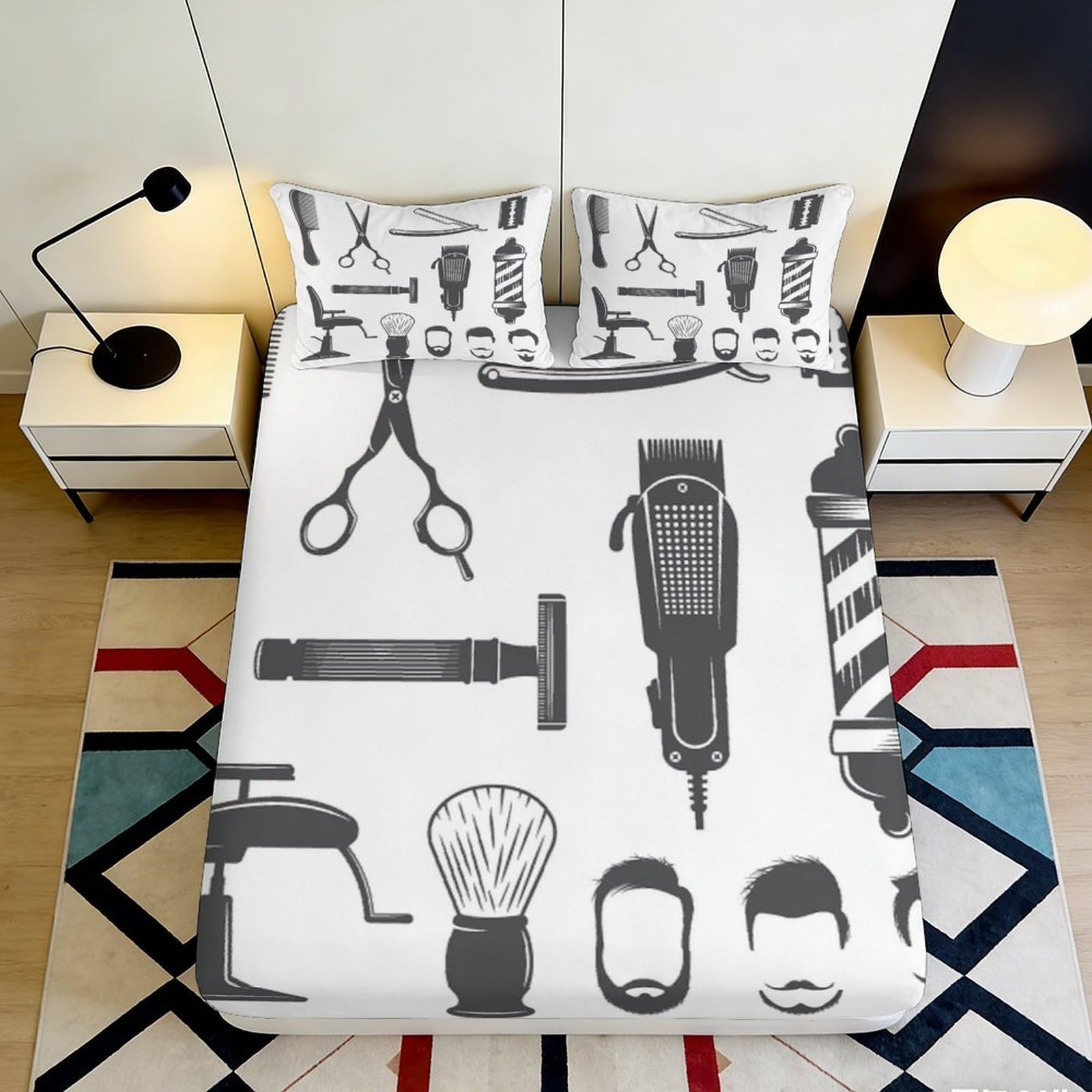 Decor barber pattern Fitted Sheet, 3D Printed Microfiber bed cover for home bedroom, easy care, wrinkle resistant, apartment bedding, 160x200x25cm