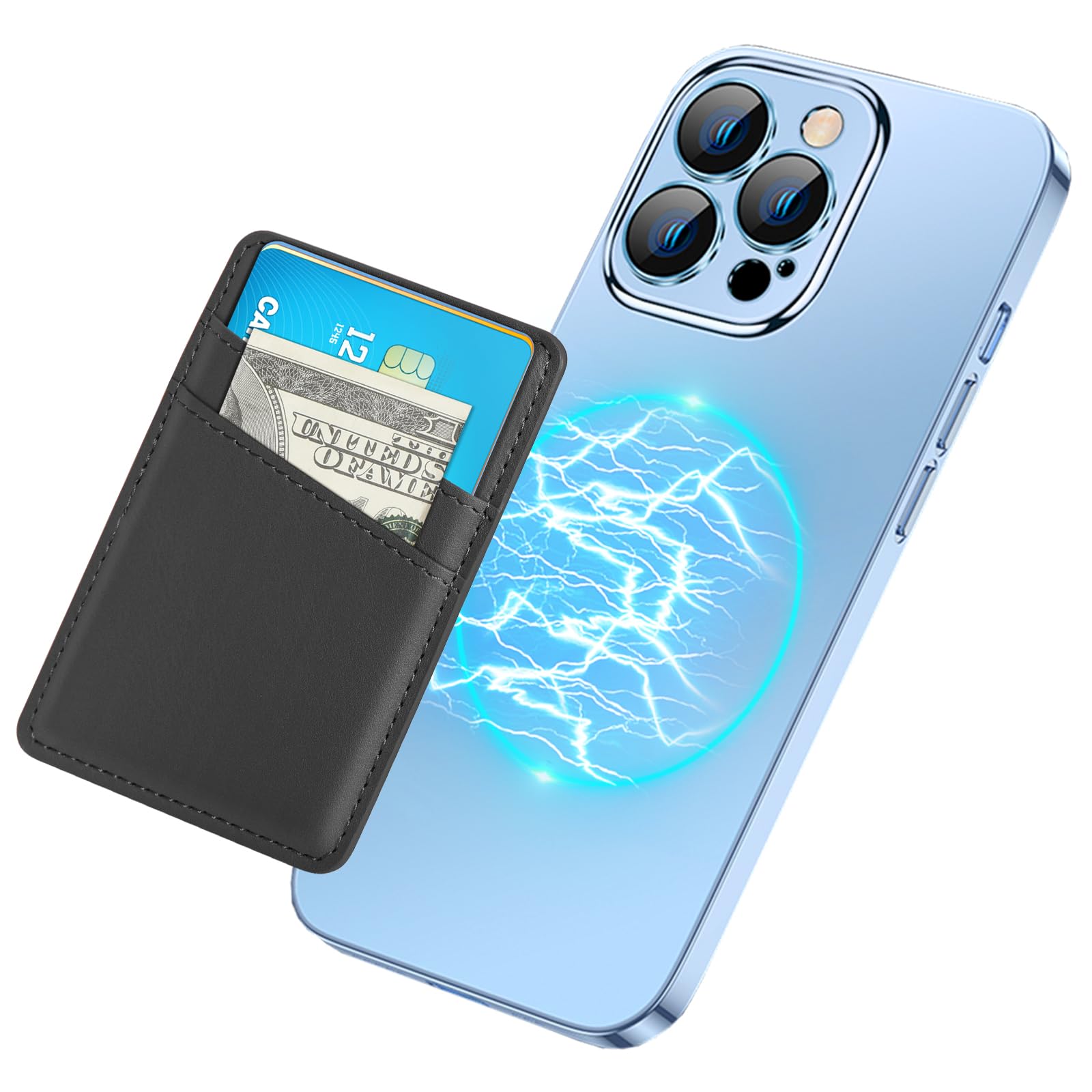 SHANSHUI Magnetic Wallet for Magsafe, Leather Power Magnetic Card Holder Double Card Slots Phone Wallet Compatible for iPhone 15/14/ 13/12 Pro/Plus/Pro Max/Mini, Mag Safe Cases Black