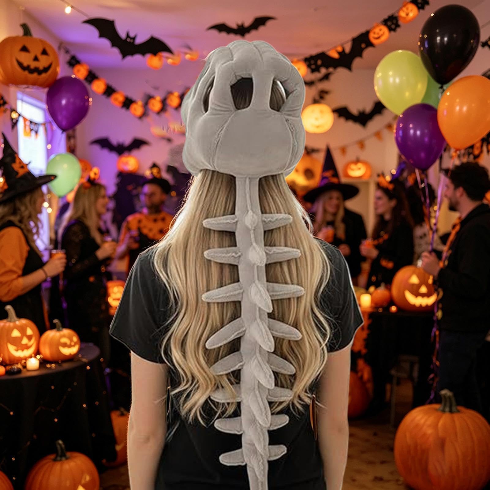 Dinosaur Skeleton Plush Costume - Wearable Soft Dinosaur Headpiece, 47.24 Inch Skeleton Dino Hat, Cosplay Prop for Kids Adults