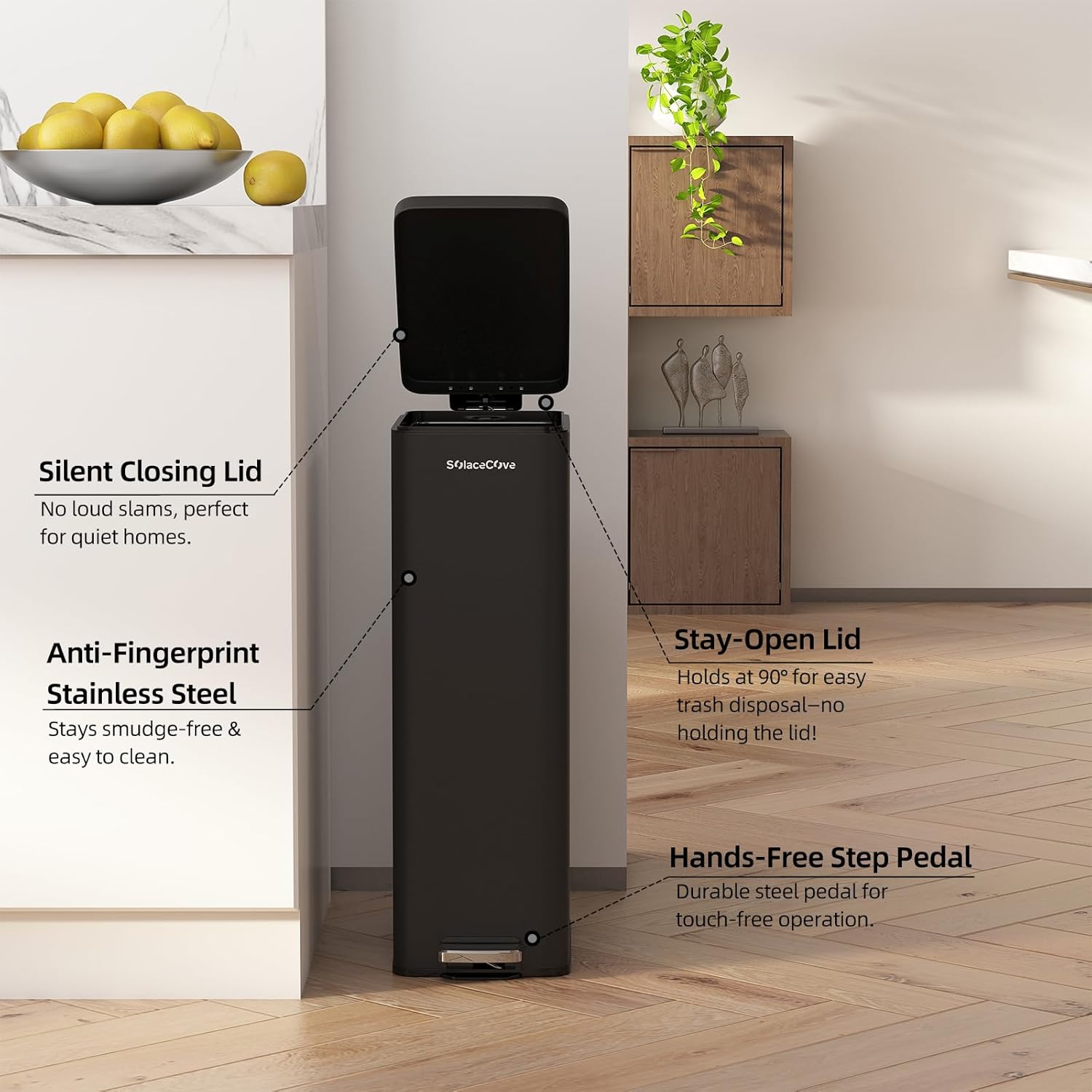 Soft-Close Trash Can with lid，8 Gallon/30L Anti-Fingerprint Stainless Steel Garbage Can with Foot Pedal for Kitchen, Black - Image 4