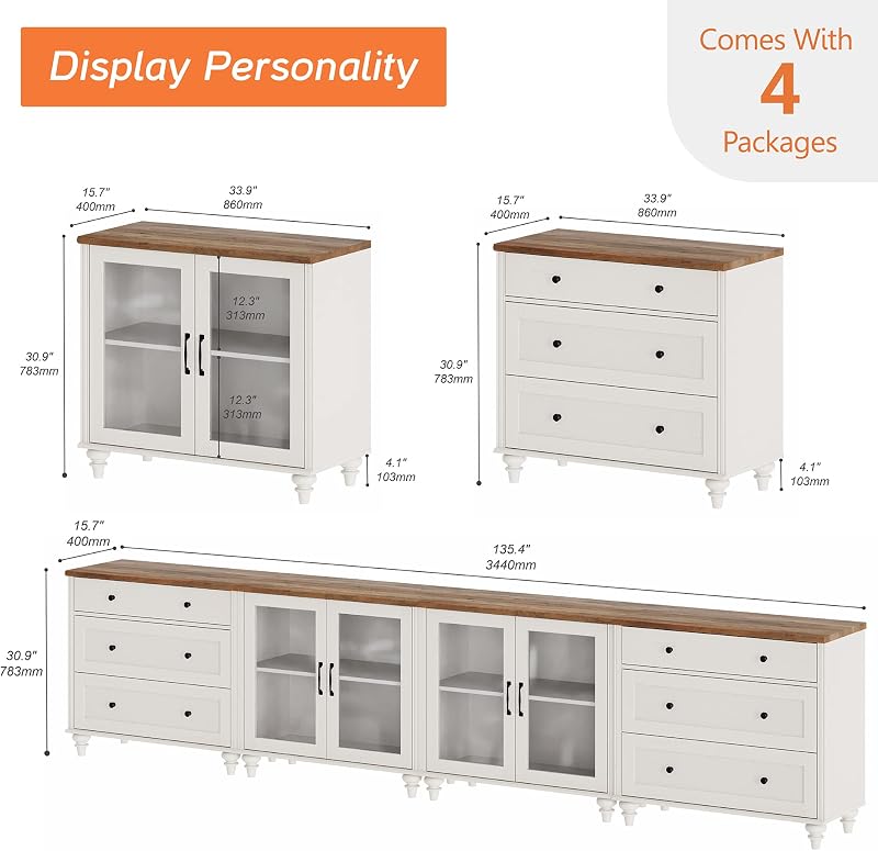 Wampat Modern TV Stand for TVs up to 110 inch, 4 in 1 Entertainment Center with Storage Cabinets and 4 Glass Door, Media Console with 6 Drawer Dresser for Living Room, White image 2