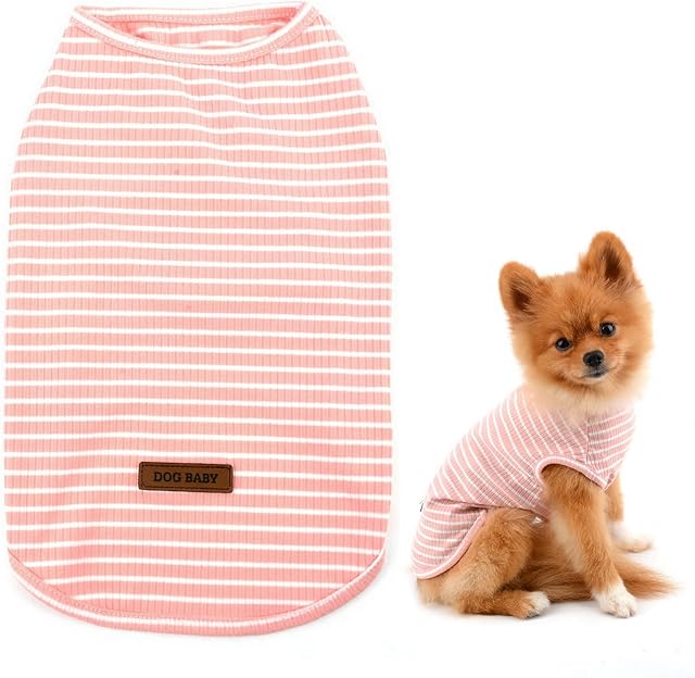 SMALLLEE_LUCKY_STORE Basic Pet Knitted Cotton Striped Tee Shirt for Small Dogs Cats Boy Girl Puppy Sleeveless T Shirt Vest Soft Chihuahua Summer Clothes,Pink,Small