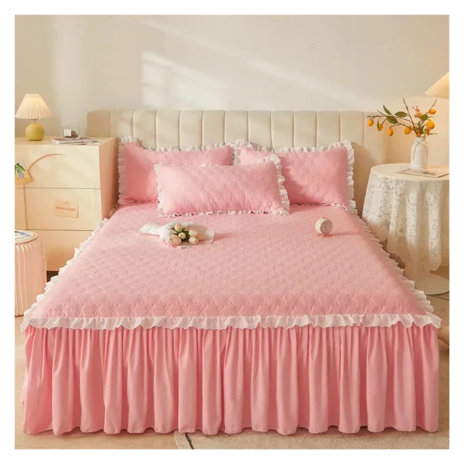 Queen Size Bed Skirt Purple Mattress Protector Thicken Bedspread 180x200 Home Quilted Bed Cover(Pink,180x220cm 1pc)