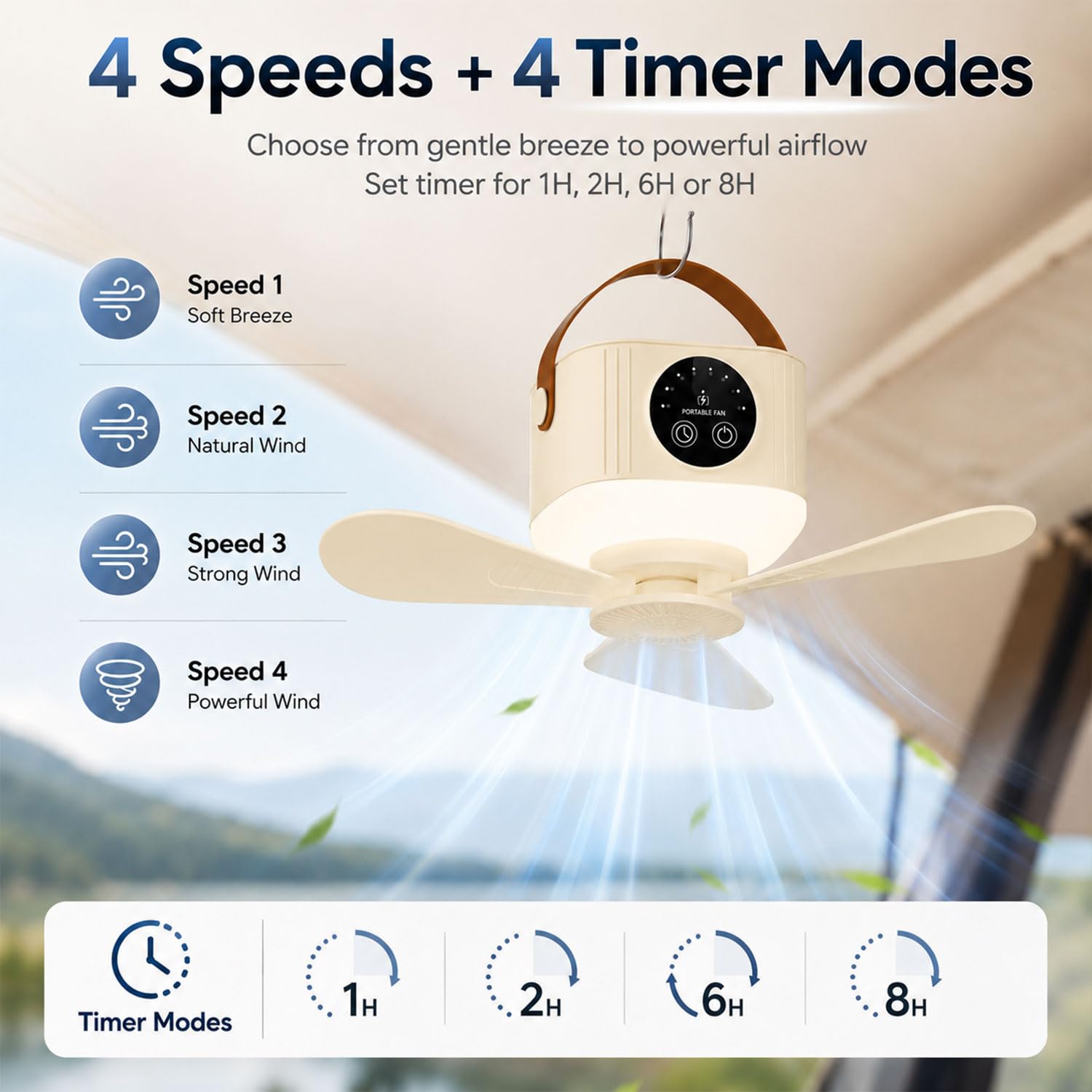 Shengruili Deckenventilator mit Beleuchtung Camping,Deckenventilator mit Licht und Fernbedienung,USB Deckenventilator mit Licht,Mobiler Ventilator Akku für Outdoor Außenbereich, Pavillon Terrasse