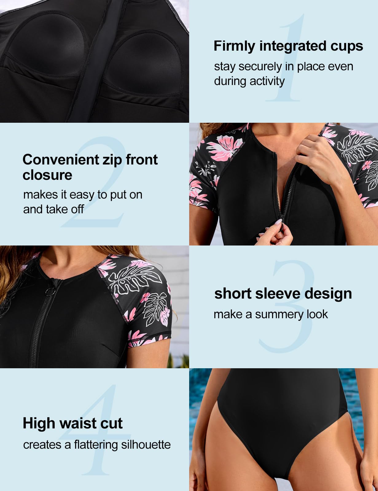 Tuopuda Strój kąpielowy damski reduktor jednoczęściowy z zamkiem z przodu, monokini z wkładkami, vintage nadruk, slim fit, do pływania i surfingu