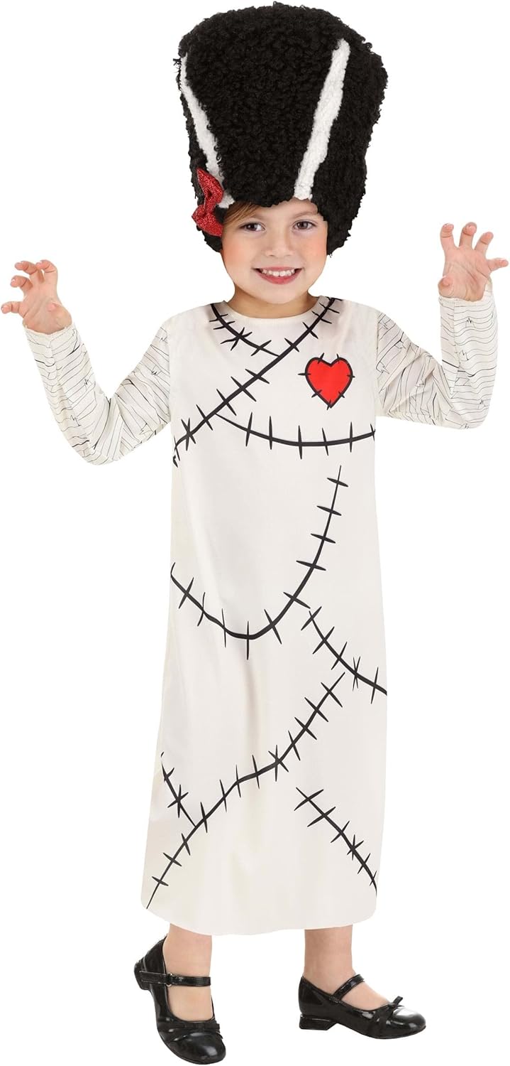 Toddler Bride Of Frankenstein Costume | Dress Outfit With Printed Bandages And Stitches, Faux Beehive Hair Hat