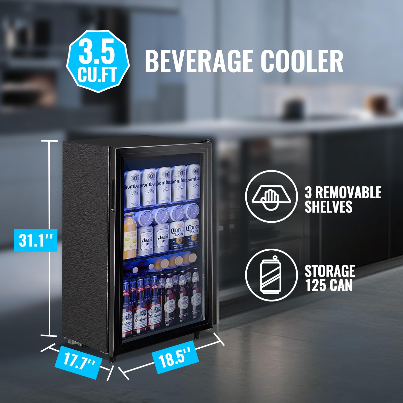 Tacool 3.5 Cu.Ft Beverage Fridge Mini Refrigerator Soda Cooler Glass Door Featuring LED Light & Adjustable Shelves,7 Modes Ideal For Apartment, Office, Dorm on Fridge.com - View 3