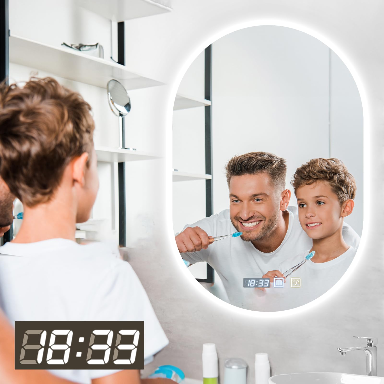 Sararoom Espejo Baño con Luz 75×50cm, Luces de Baño Espejos de pared con Reloj, Función Antivaho, 3000K/4000K/6500K, Regulable, Memoria, Cristal Templado HD, IP44 Espejos de Tocador LED Retroiluminado