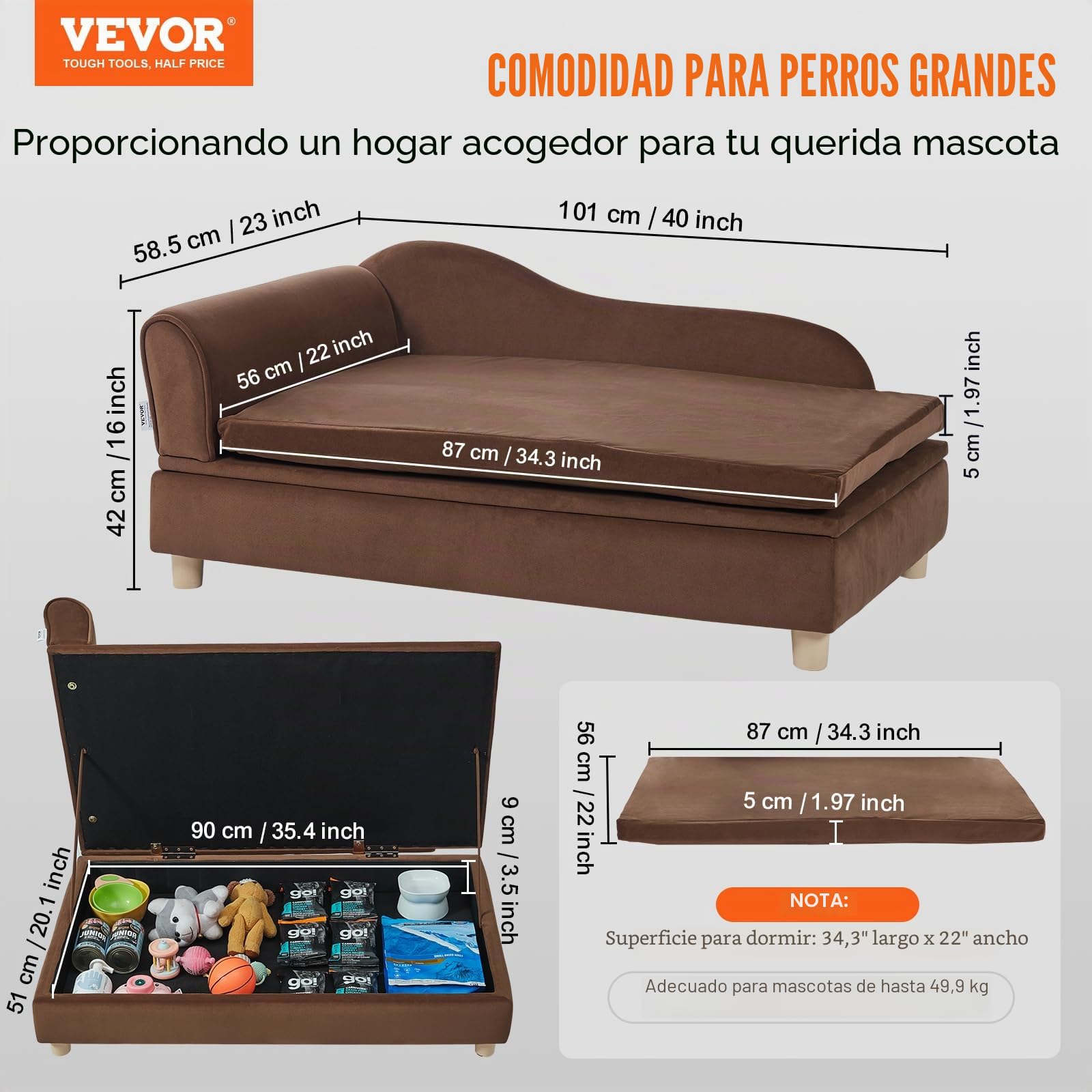 VEVOR Sofá para Mascotas, Sofá para Perros y Gatos de Gran Tamaño, Sofá Cama Suave y Aterciopelado para Perros, Sofá para Gatos con Carga de 50 kg, Marrón Oscuro, 910 x 585 x 415 mm, 10,2 kg de Peso