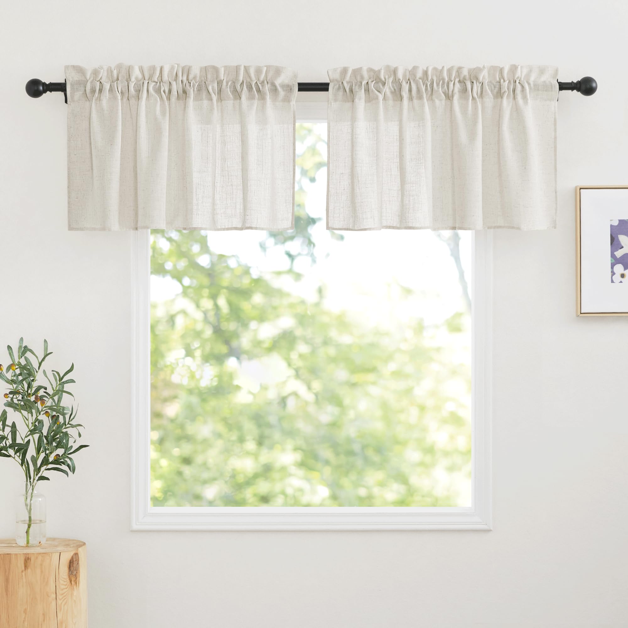 RYB HOME Semi Sheer Valances - Linen Textured Sheer Curtains Small Window Tiers Farmhouse Decor for Kitchen Bathroom Cafe Bedroom, Linen, Wide 52 x Long 18 inch, 2 Panels