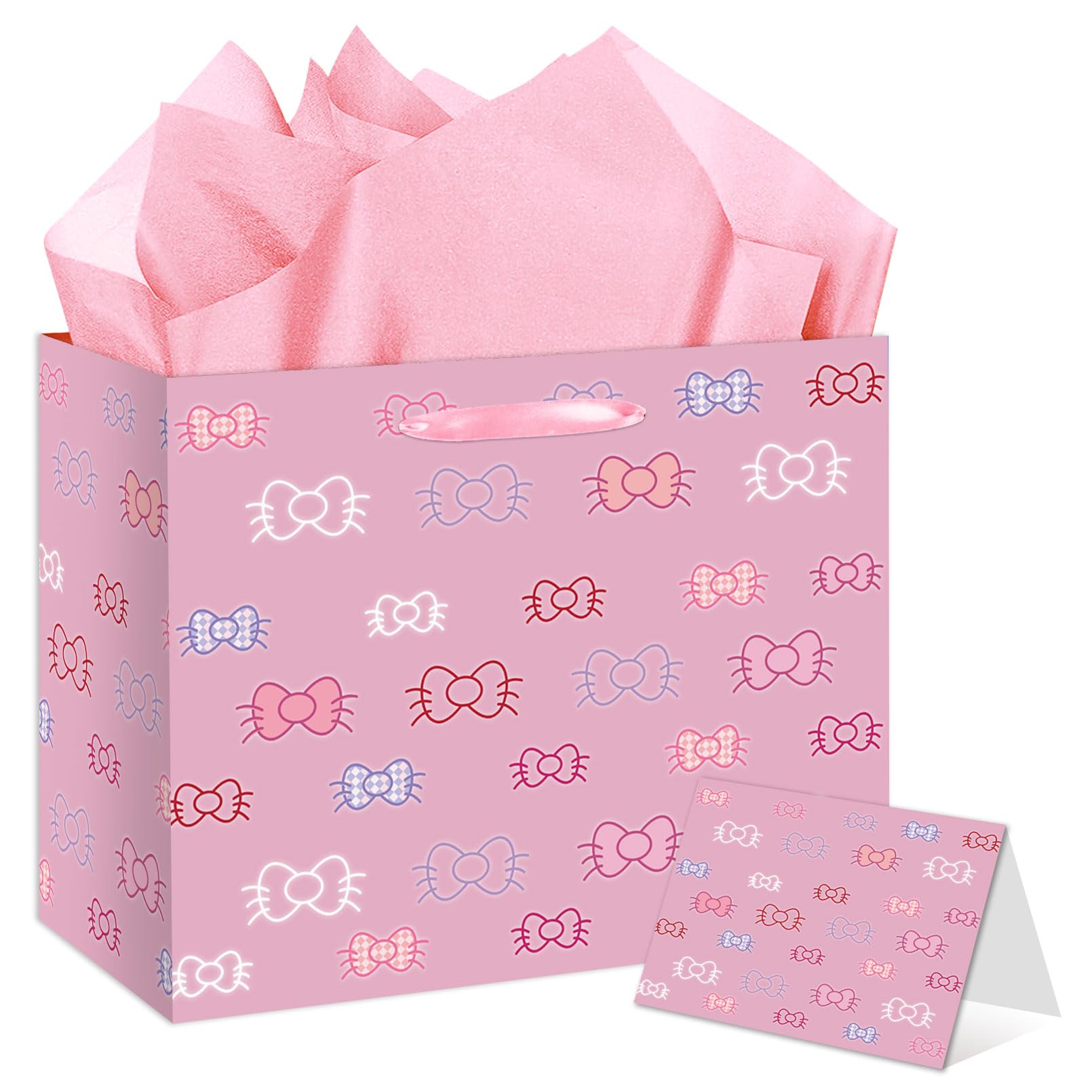 HSKMAKE Kawaii Cartoon Birthday Gift Bag for Girls, Cute Cat Theme Gift Bag with Greeting Card and Tissue Paper for Baby Shower, Birthday Party Decorations Supplies