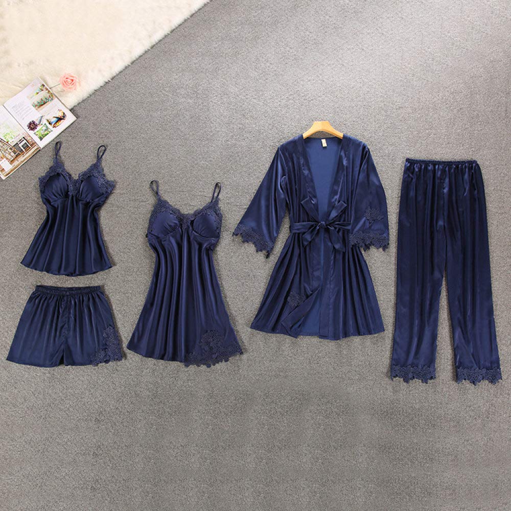 Pajamas Set Ladies,Home 5 Pcs with Pad Sexy Lace Pajamas Set Nightgown + Vest + Pants Set Lace Pijama for Women Blue Fashion Casual Loose and Soft Plus Size Pajamas Set,Picture,XL