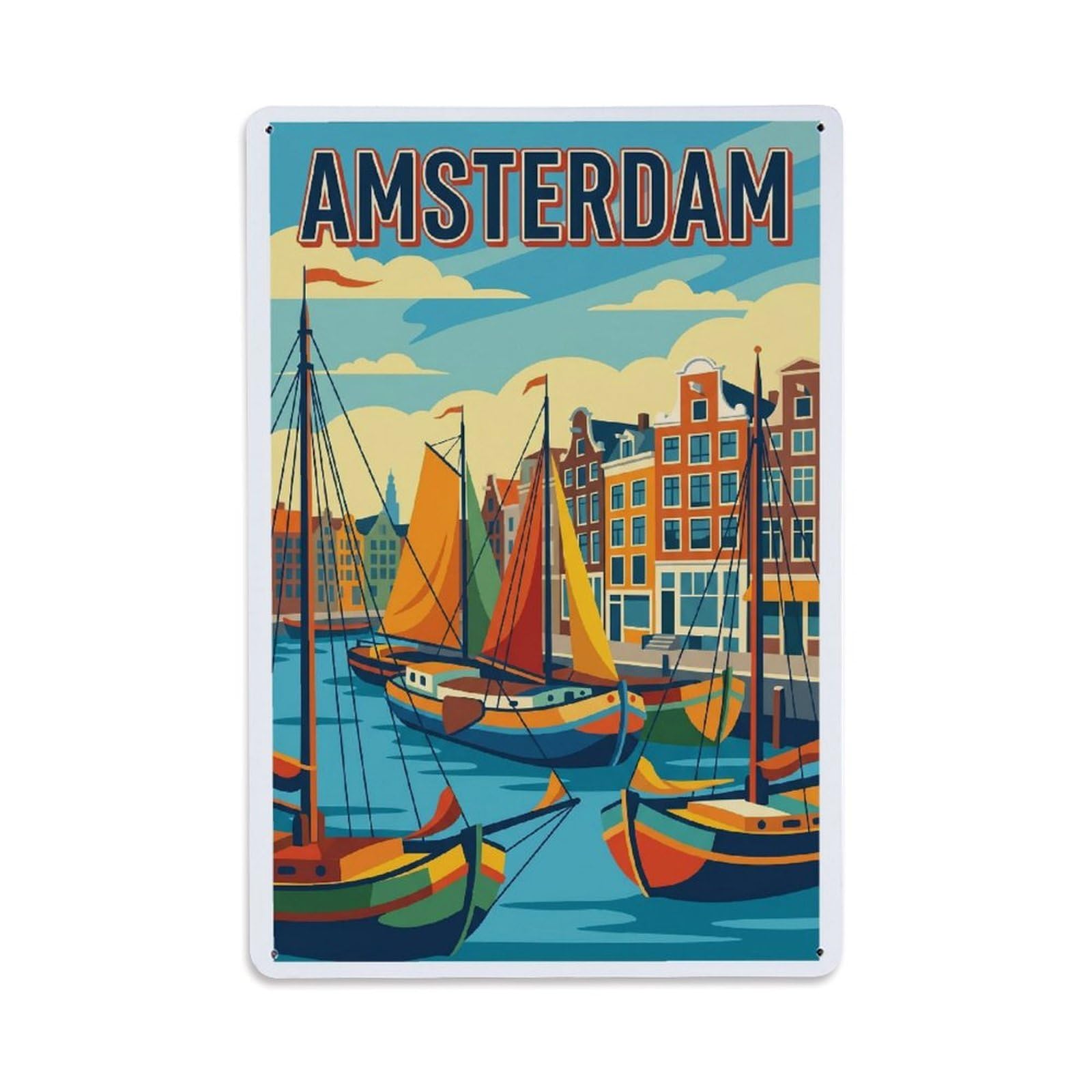 Amsterdam Canal Anchorage Waterway Classic Tourism Metal Tin Sign Plaque Wall Decor for Cafe, Man Cave, Club Bar, Office, Home Garden Round Metal Poster 8x12Inch