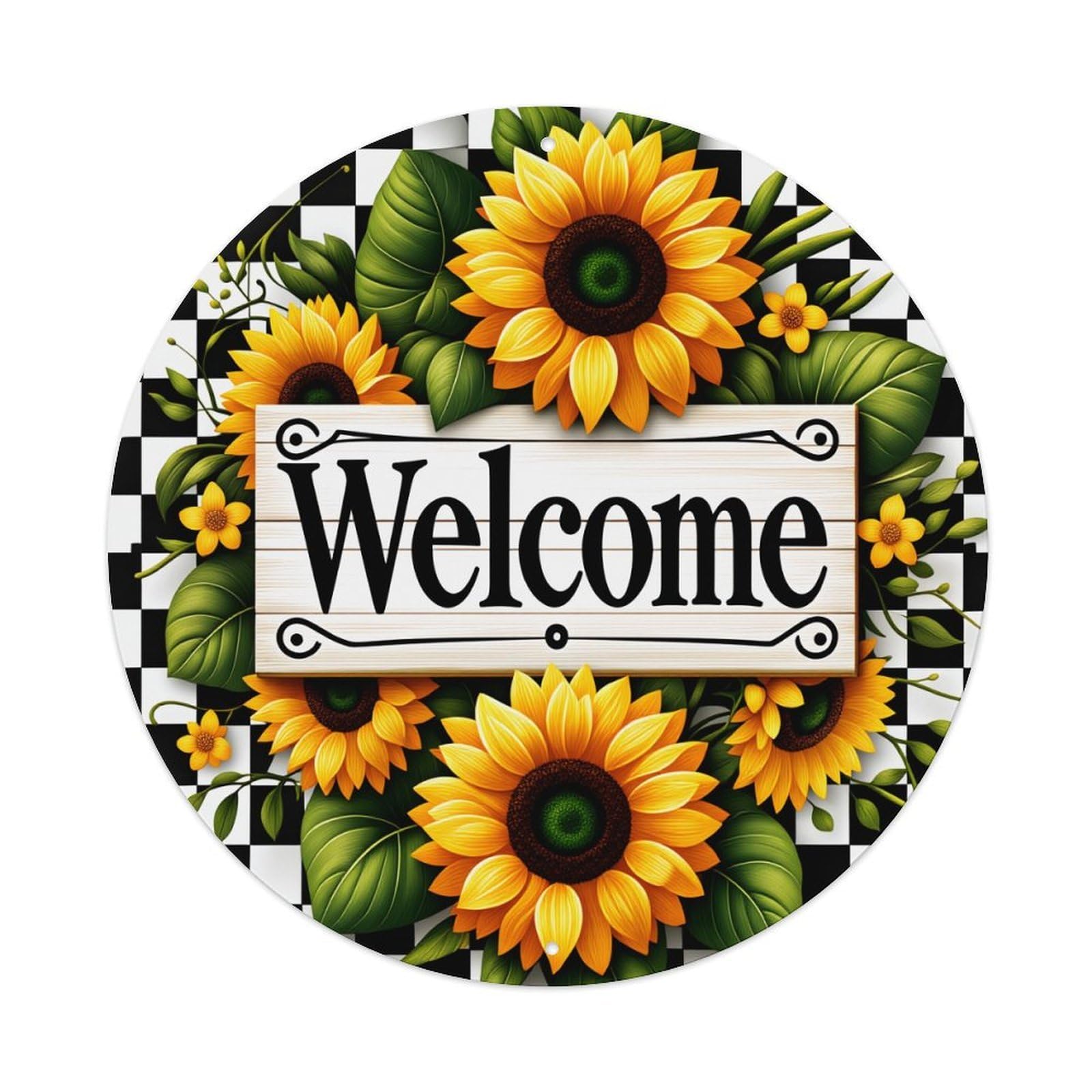 Sunflower Welcome Sign With Green Leaves And Checkered Background Round Vintage Tin Sign,Retro Wall Art,Metal Poster for Home, Bar, Garage, Cafe, Rustic Indoor & Outdoor Decor, 8x8 Inches