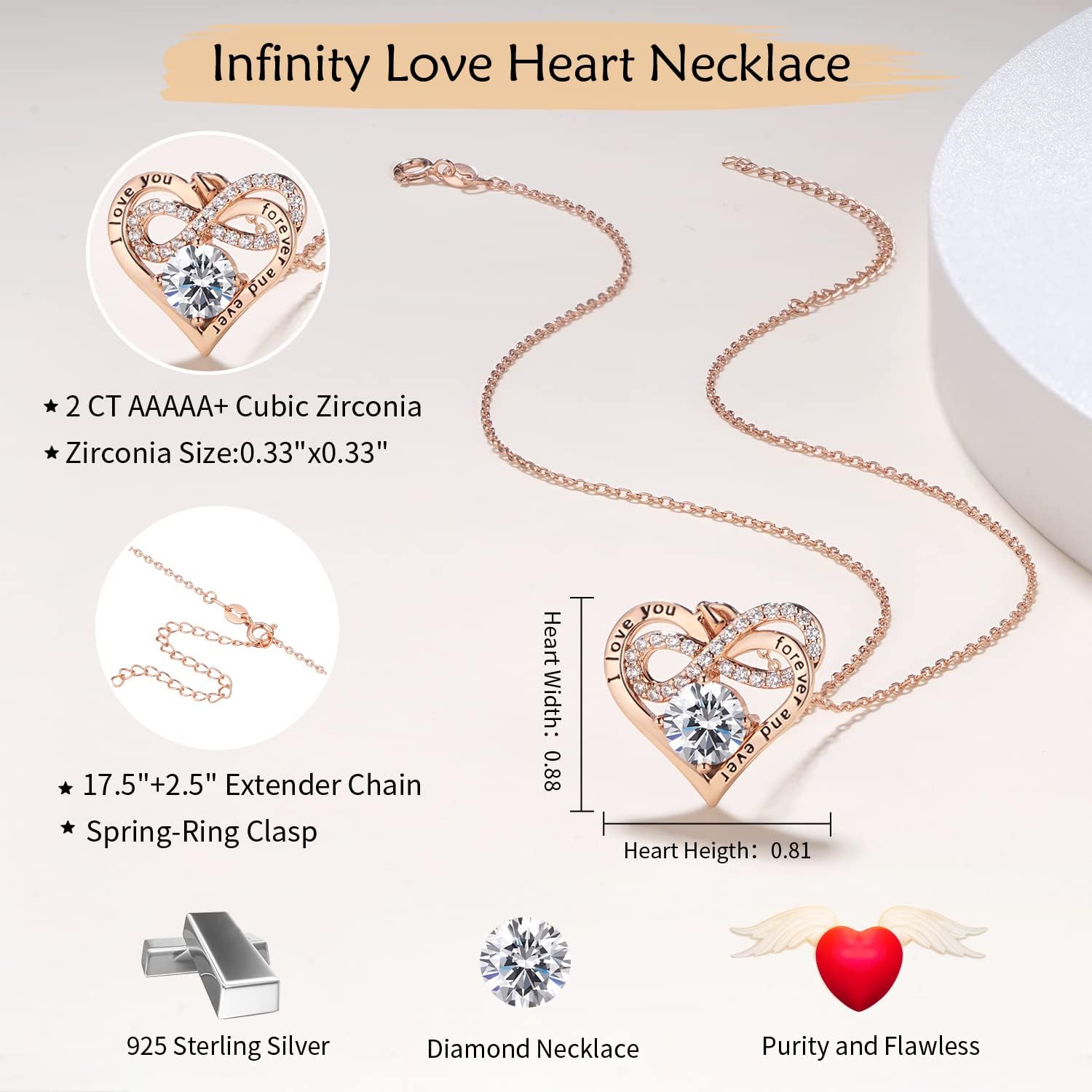 Momlovu Mothers Day Gifts for Her Women Wife Infinity Heart Necklaces for Women 925 Sterling Silver Rose Gold Birthstone Necklace Jewelry for Women