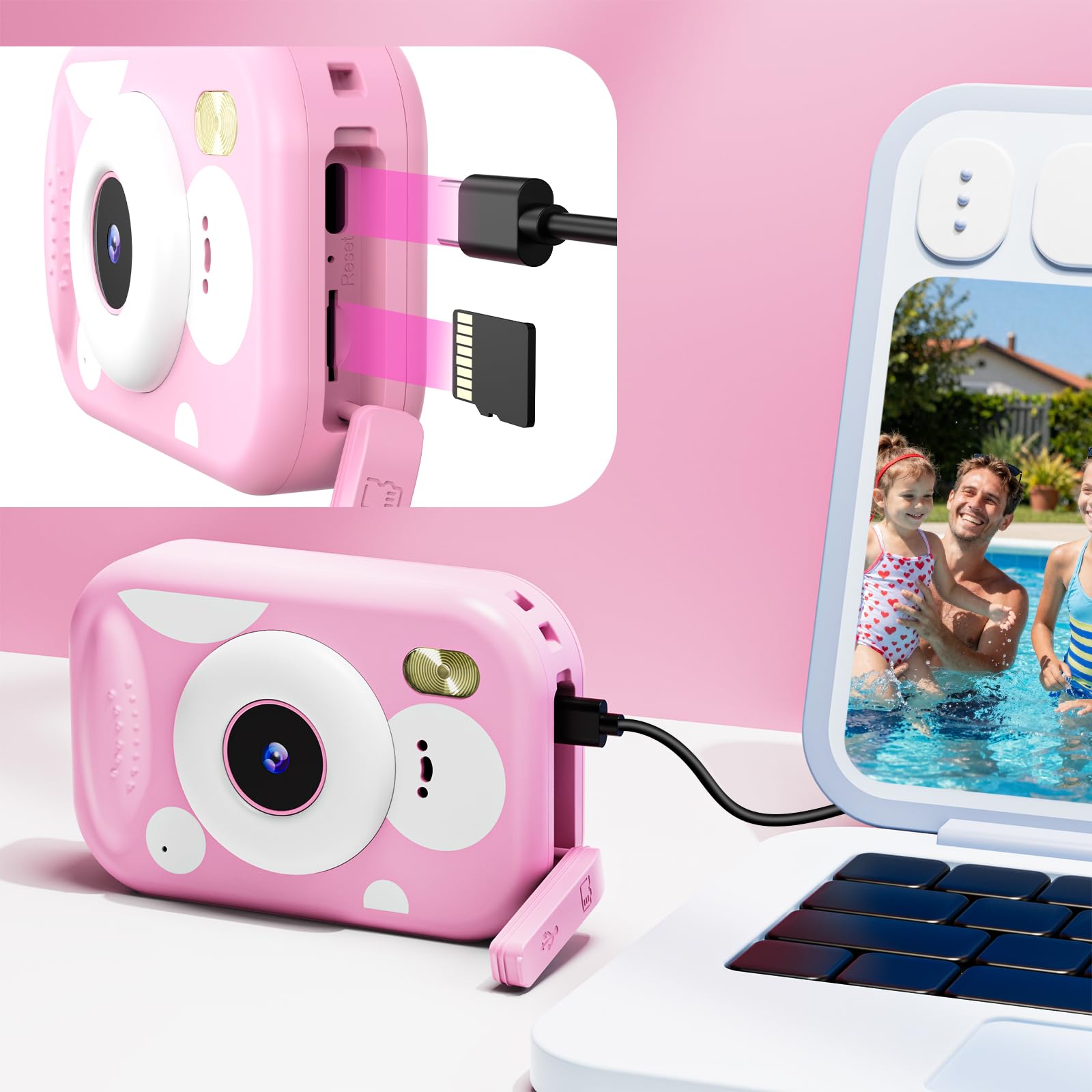 Fotocamera per Bambini, 48MP 1080P Macchina Fotografica Subacquea Impermeabile Digitale Bambini con 2,4 Pollici Schermo Scheda TF Flash LED, Regalo Giocattolo per Bambina e Bambino 3-12 Anni, Rosa