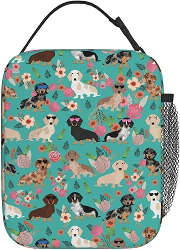 Lonchera para niños y niñas, con diseño de perro salchicha, flores y flores, con aislamiento, reutilizable, para el trabajo, para mujeres, hombres y