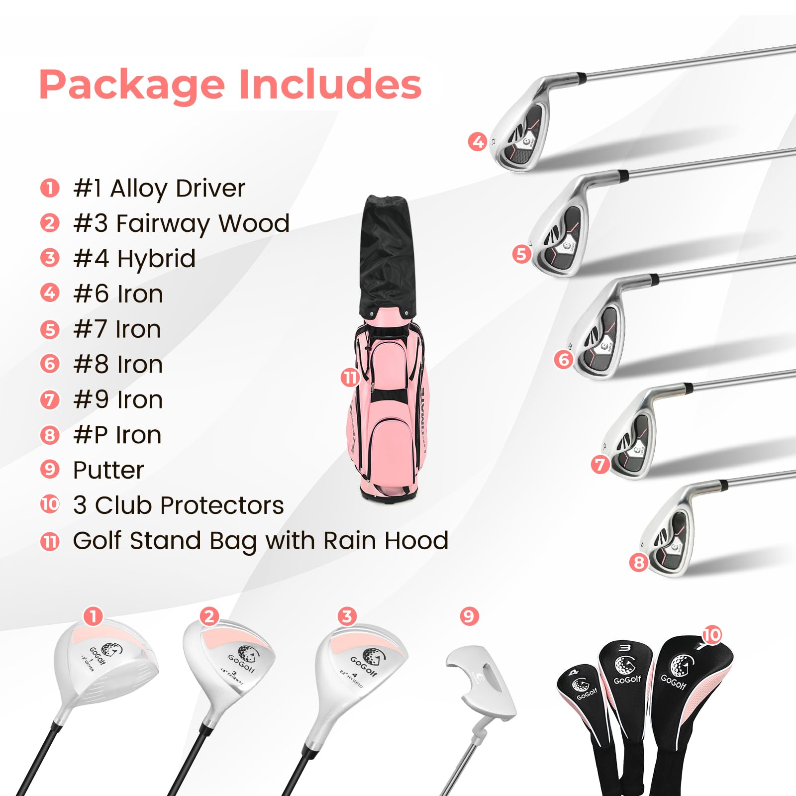 LIFEZEAL Juego de Golf Femenino Completo, Kit de Golf para Mujer con Driver, Fairway, Híbrido, Hierro Zinc, Putter, Rosa