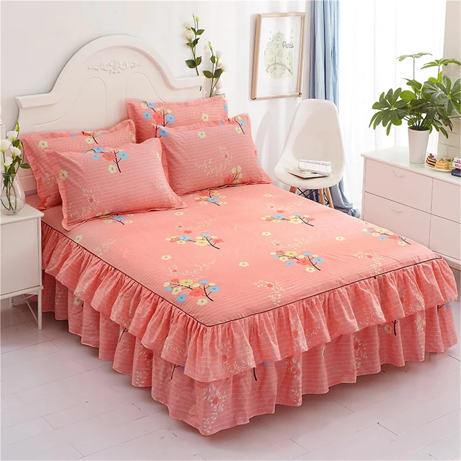 3pcs Bedding Simple Flower Bed Skirt With Pillowcases Wedding Bedspread Bed Sheet Mattress Cover(Color-04,3pcs 180x200cm)
