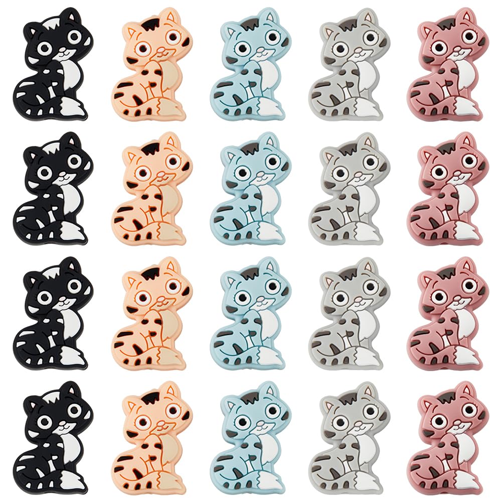 DICOSMETIC 5 Colors Cat Silicone Beads 20Pcs Character Focal Silicone Beads Animal Silicone Loose Beads for Pen Keychain Jewelry Making Craft Hole: 2mm