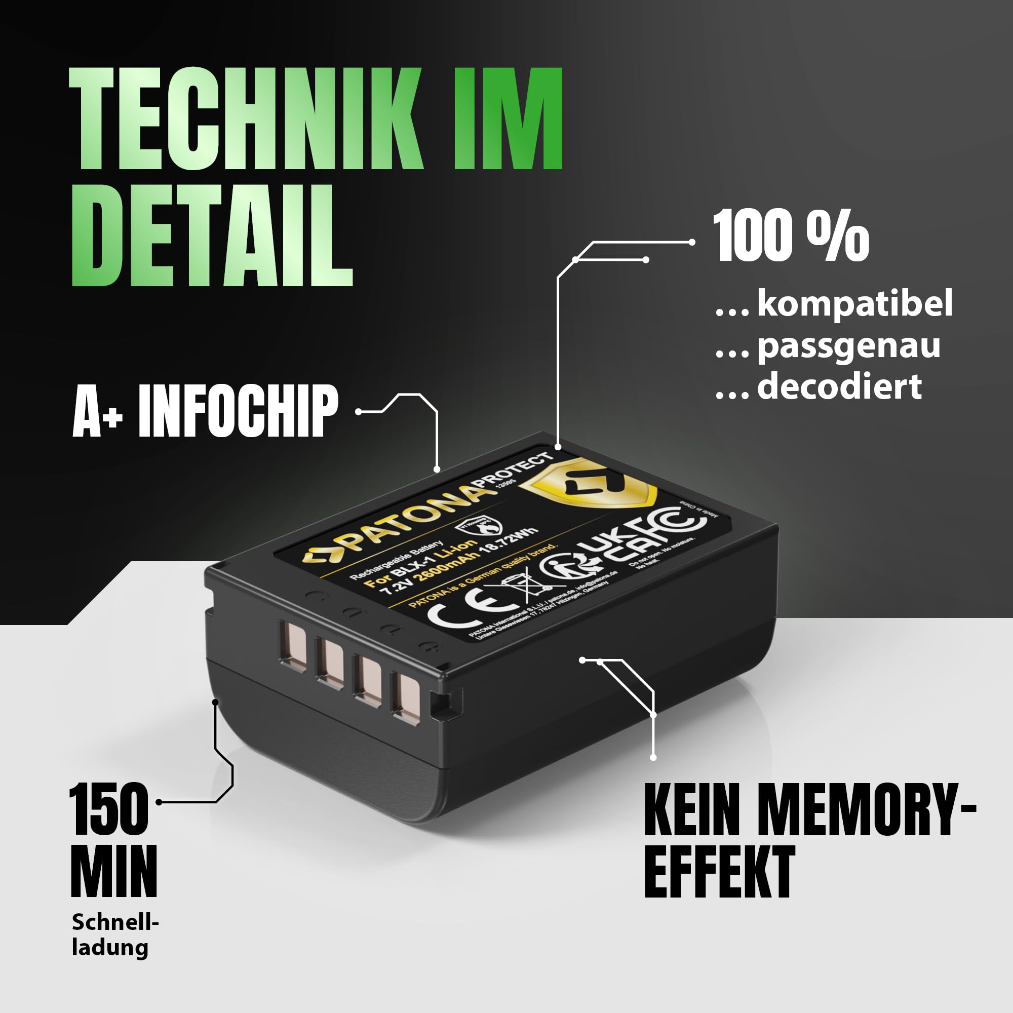PATONA Set - BLX-1 Protect Akku 2600mAh mit PD Dual Ladegerät USB-C LCD