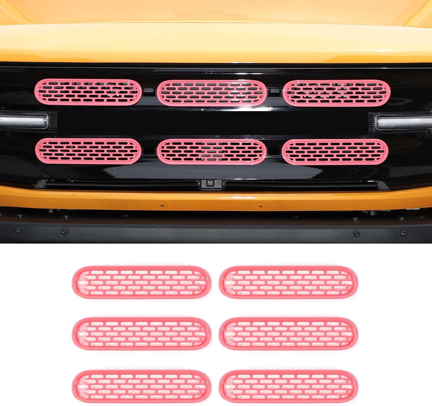 Front Grill Mesh Grille Inserts Cover Frame Trims Kit 6Pcs Fit for Ford Bronco 2021-2024 2/4 Door Exterior Accessories (Pink)