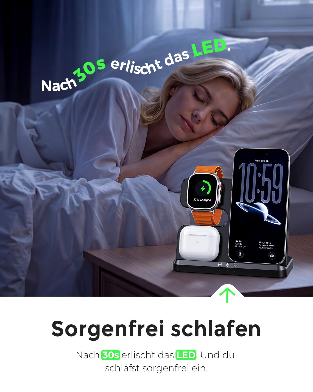 JARGOU 3 in 1 Kabellose Ladestation für Apple, Induktive Ladestation für iPhone 17 Pro Max 16 15 14-8, Wireless Charger für Apple Watch 11/Ultra 3/10/9/8/7/6 & AirPods Pro 4 3 2 - Ohne Kabelchaos